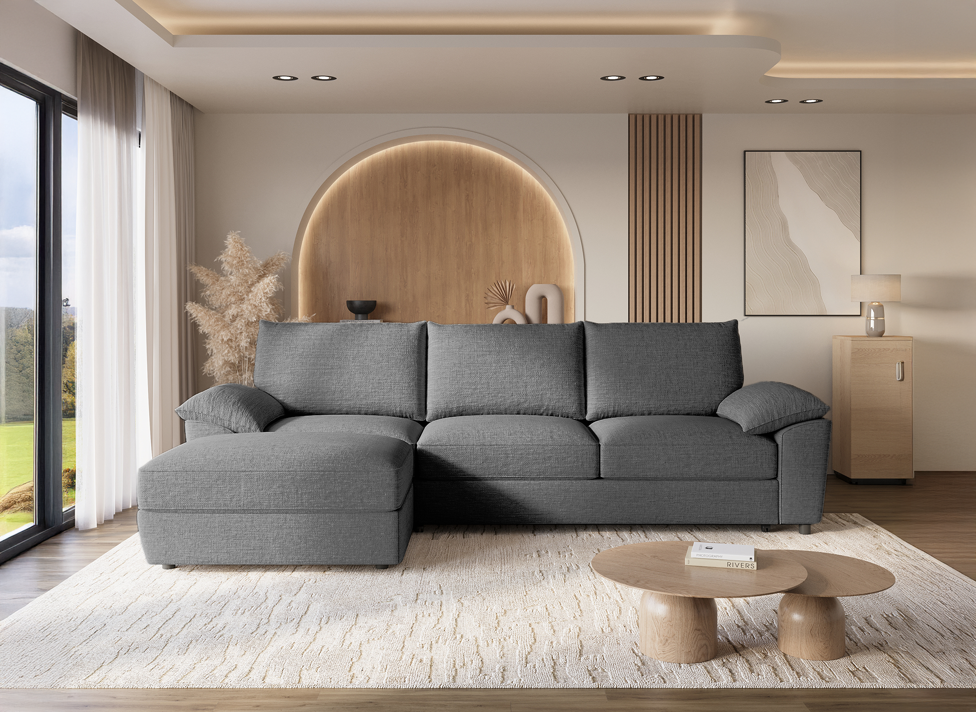 Sofá cama esquinero GABIN con almacenaje en terciopelo gris jaspeado - Esquina izquierda