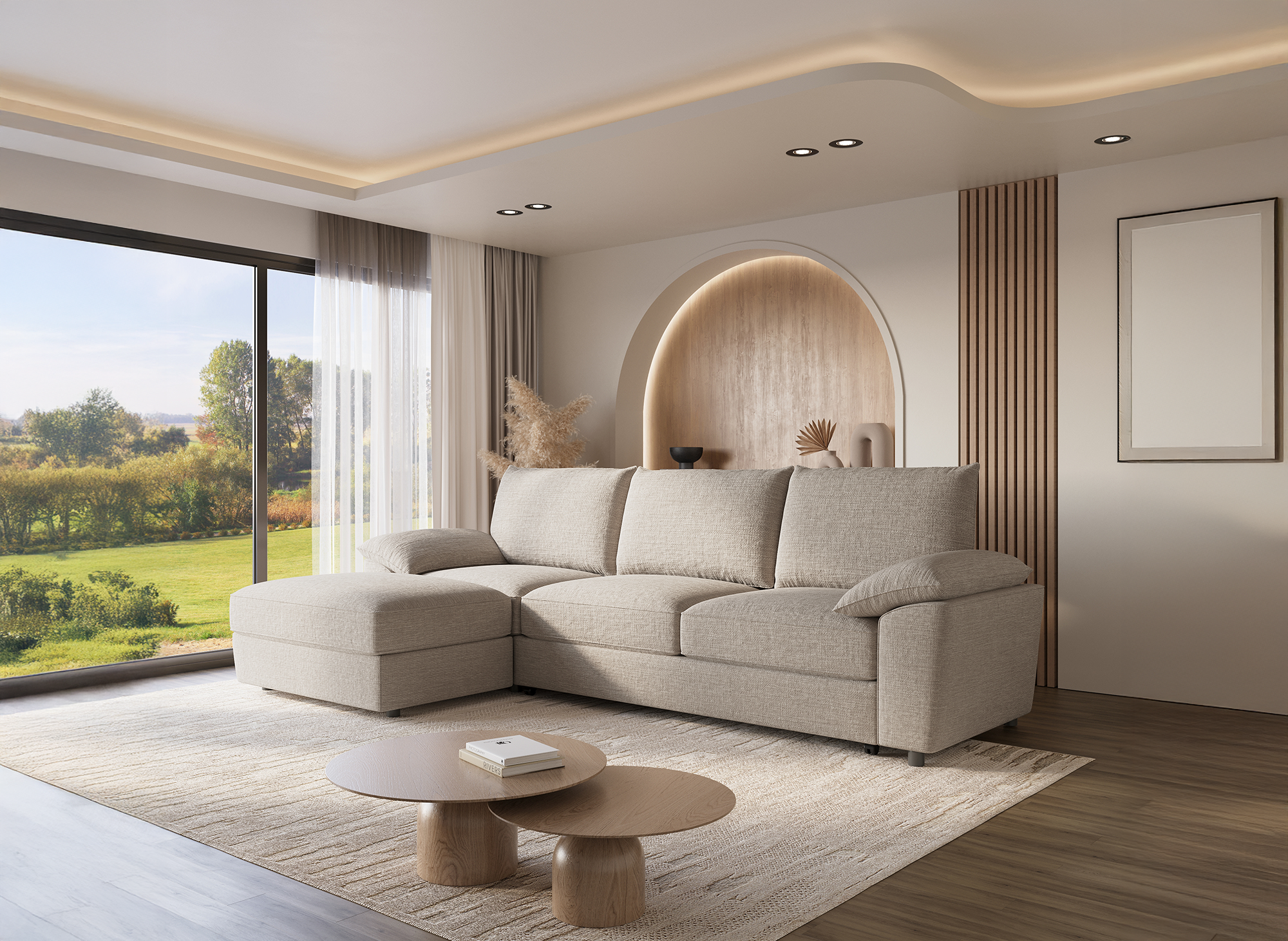 Sofá esquinero convertible GABIN con almacenaje en terciopelo jaspeado beige - Esquina izquierda