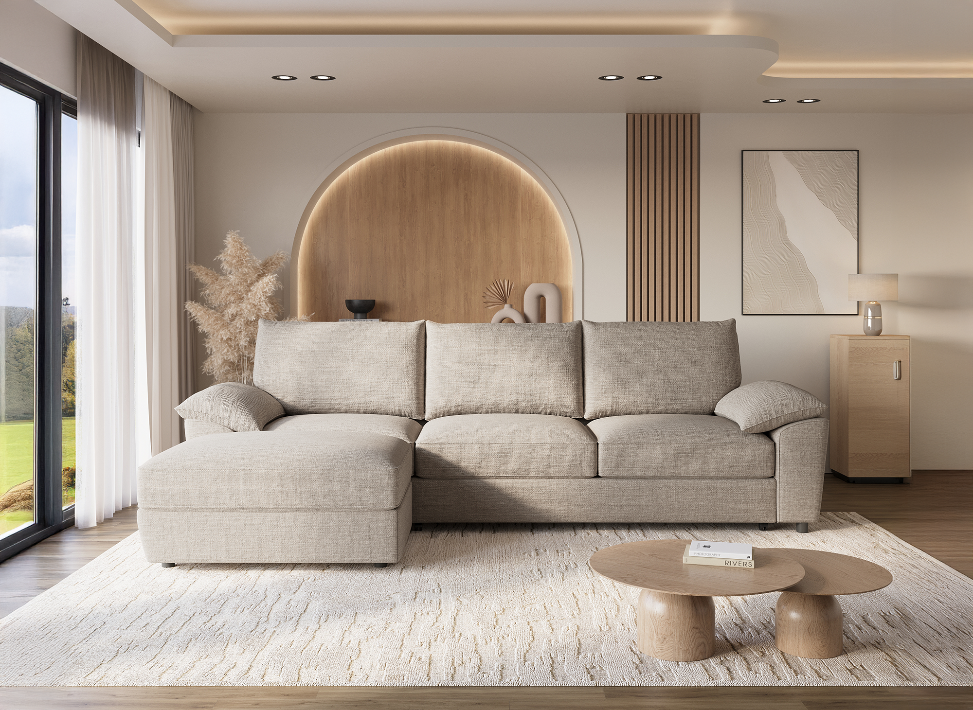 Sofá esquinero convertible GABIN con almacenaje en terciopelo jaspeado beige - Esquina izquierda