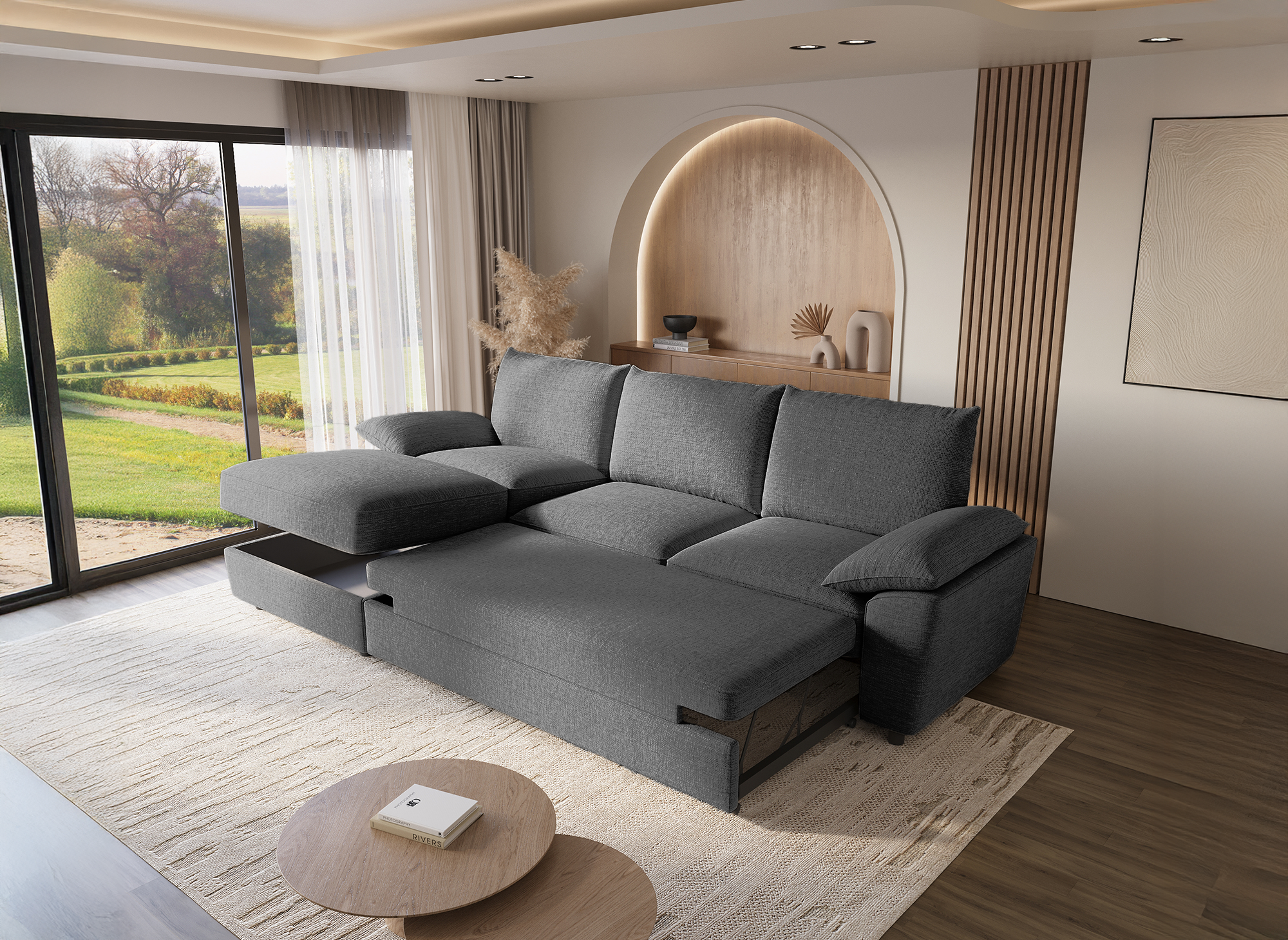 Sofá cama esquinero GABIN con almacenaje en terciopelo gris jaspeado - Esquina izquierda