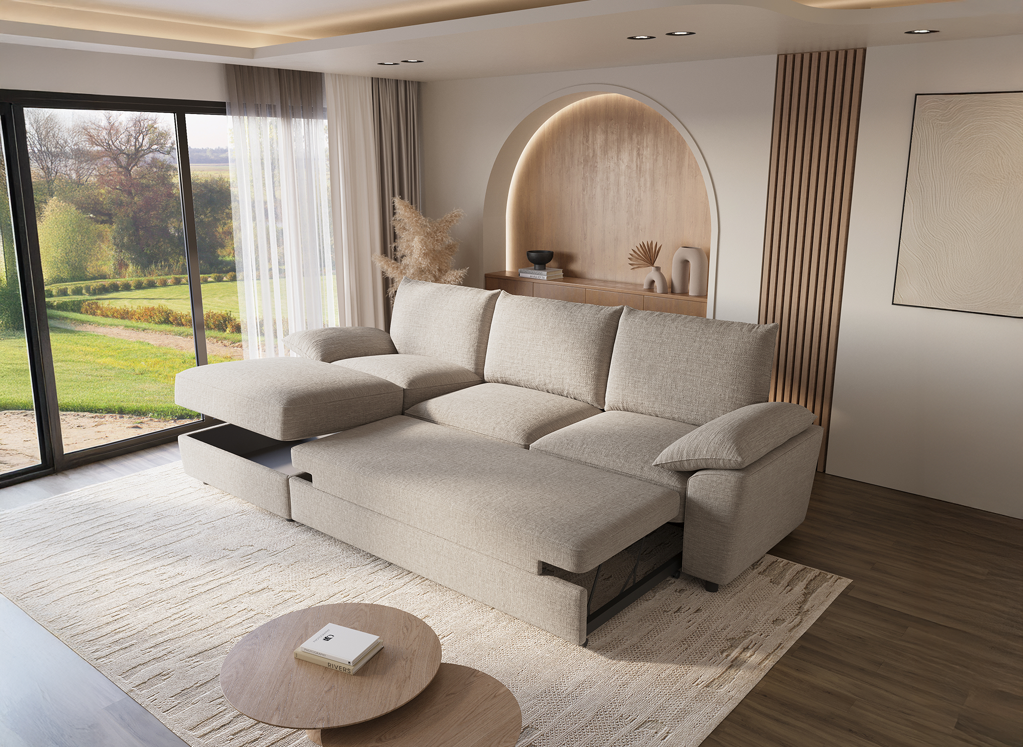 Sofá esquinero convertible GABIN con almacenaje en terciopelo jaspeado beige - Esquina izquierda