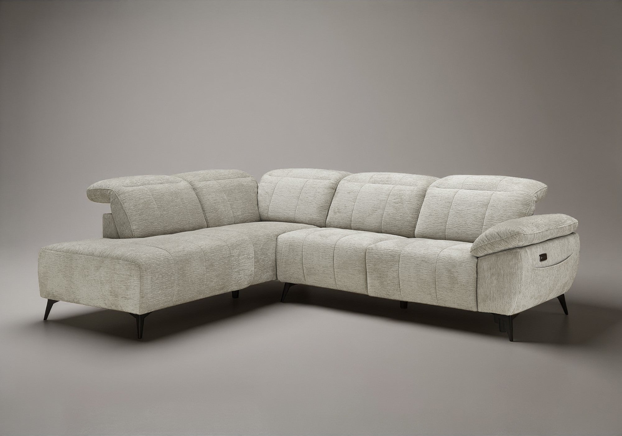 Sofá esquinero eléctrico reclinable SOLINA en terciopelo jaspeado beige - Esquina izquierda