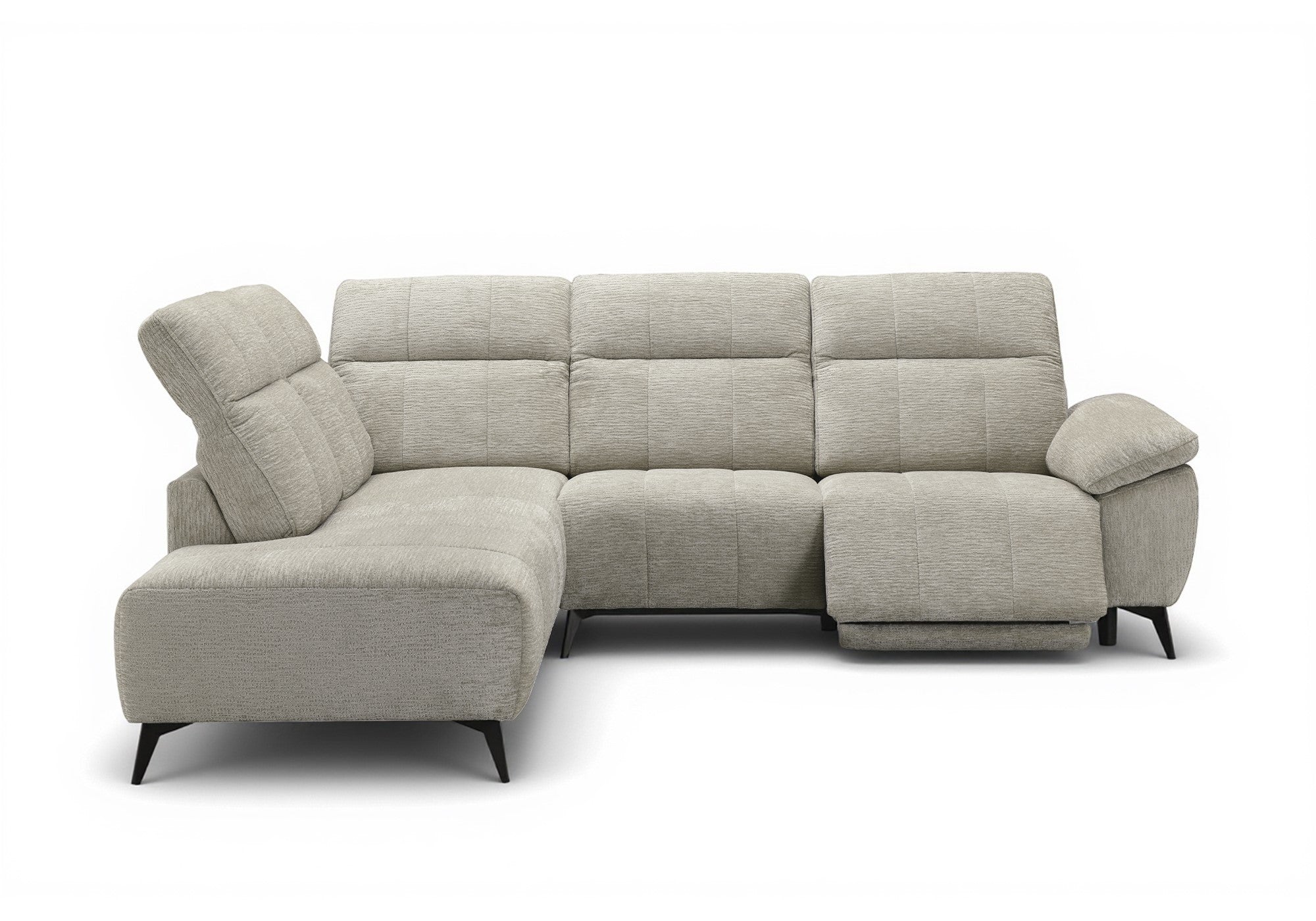 Sofá esquinero eléctrico reclinable SOLINA en terciopelo jaspeado beige - Esquina izquierda