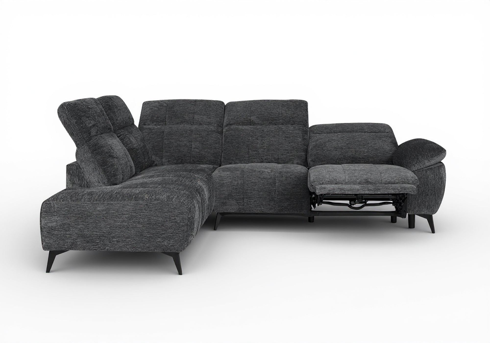 Sofá esquinero eléctrico reclinable SOLINA en terciopelo gris jaspeado - Esquina izquierda