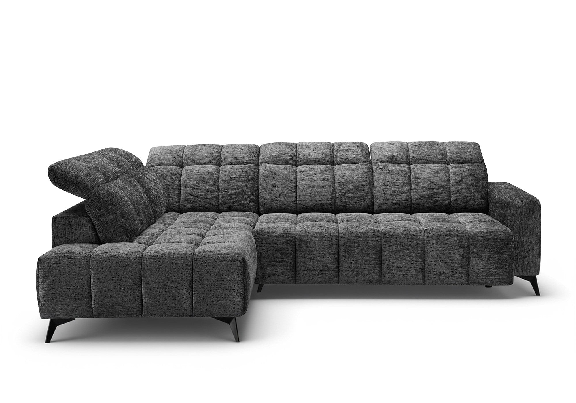 Sofá esquinero reclinable eléctrico ALVAR en terciopelo gris jaspeado - Esquina izquierda