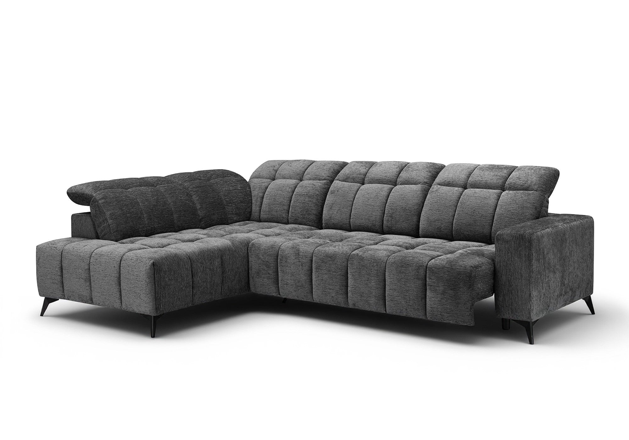 Sofá esquinero reclinable eléctrico ALVAR en terciopelo gris jaspeado - Esquina izquierda