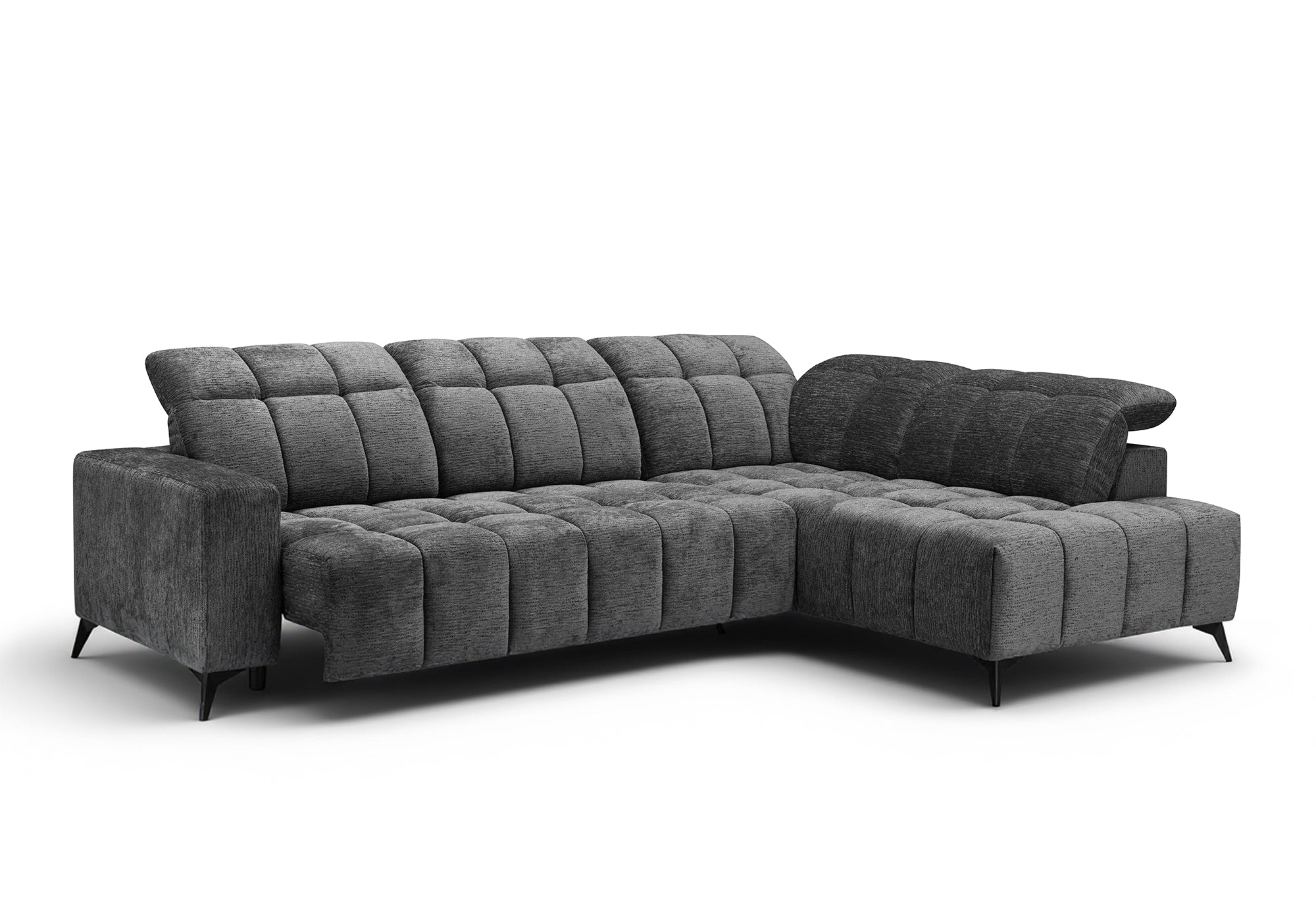 Sofá esquinero reclinable eléctrico ALVAR en terciopelo gris jaspeado - Esquinero derecho