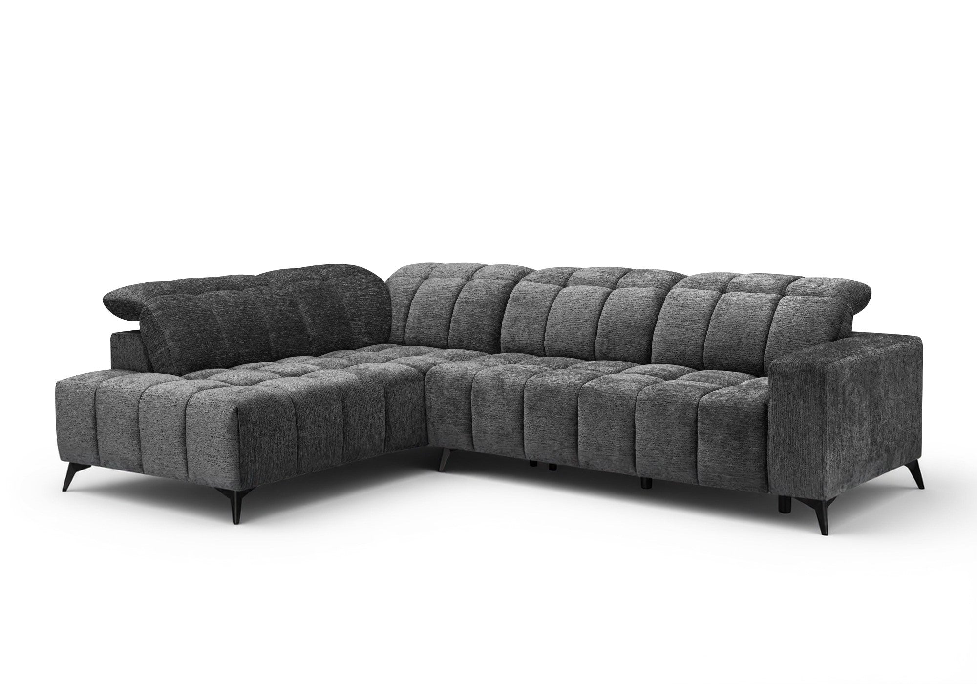 Sofá esquinero reclinable eléctrico ALVAR en terciopelo gris jaspeado - Esquina izquierda