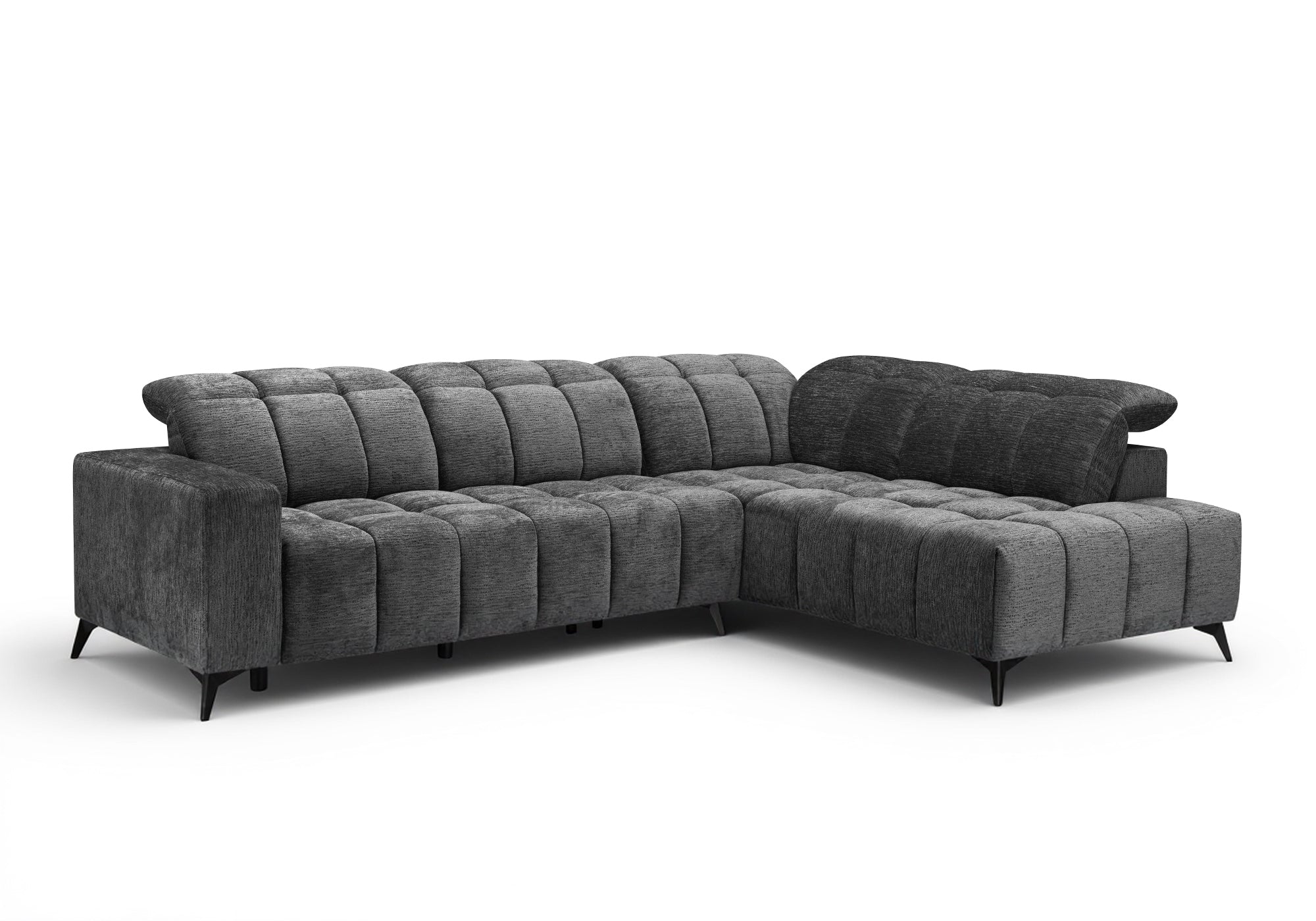 Sofá esquinero reclinable eléctrico ALVAR en terciopelo gris jaspeado - Esquinero derecho