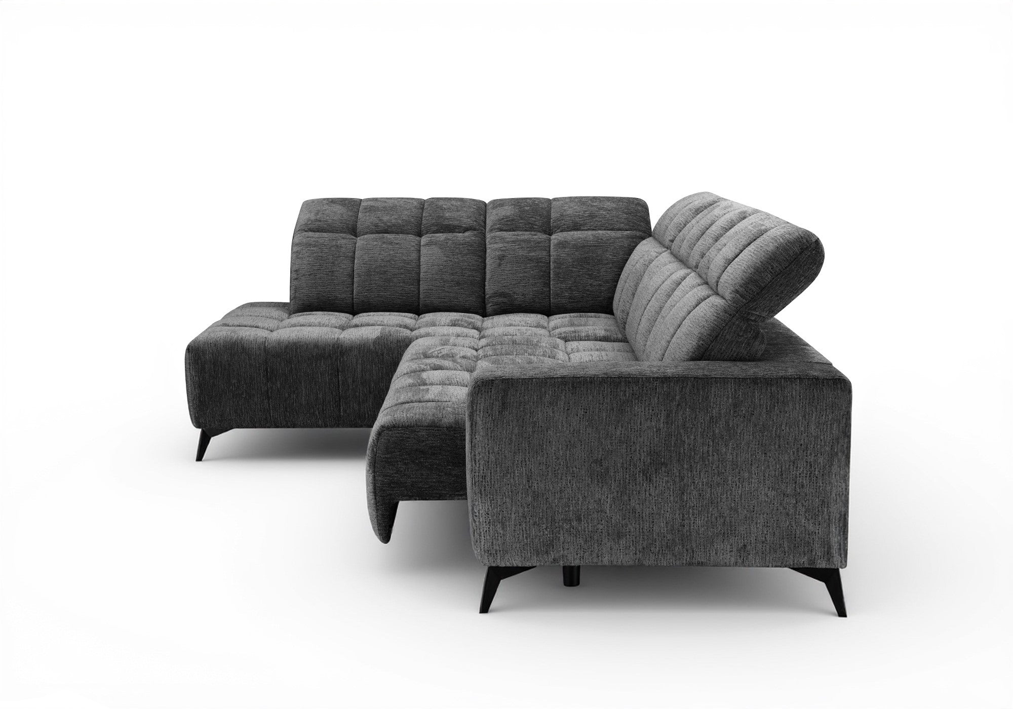 Sofá esquinero reclinable eléctrico ALVAR en terciopelo gris jaspeado - Esquina izquierda