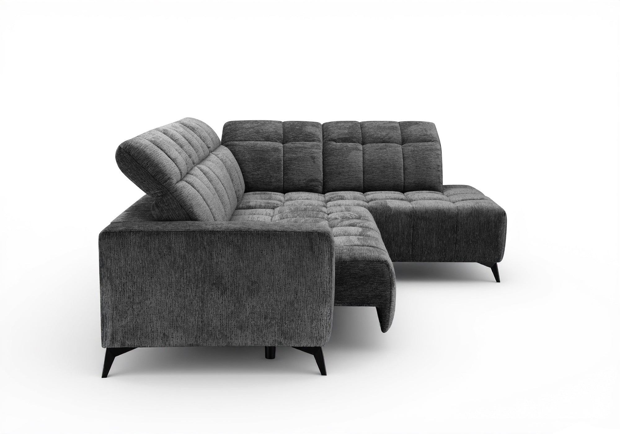 Sofá esquinero reclinable eléctrico ALVAR en terciopelo gris jaspeado - Esquinero derecho