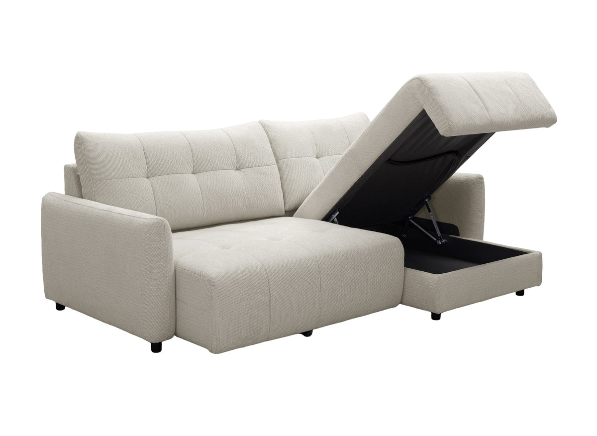 Sofá esquinero relax reversible con cómoda en tejido texturado beige KALINKA