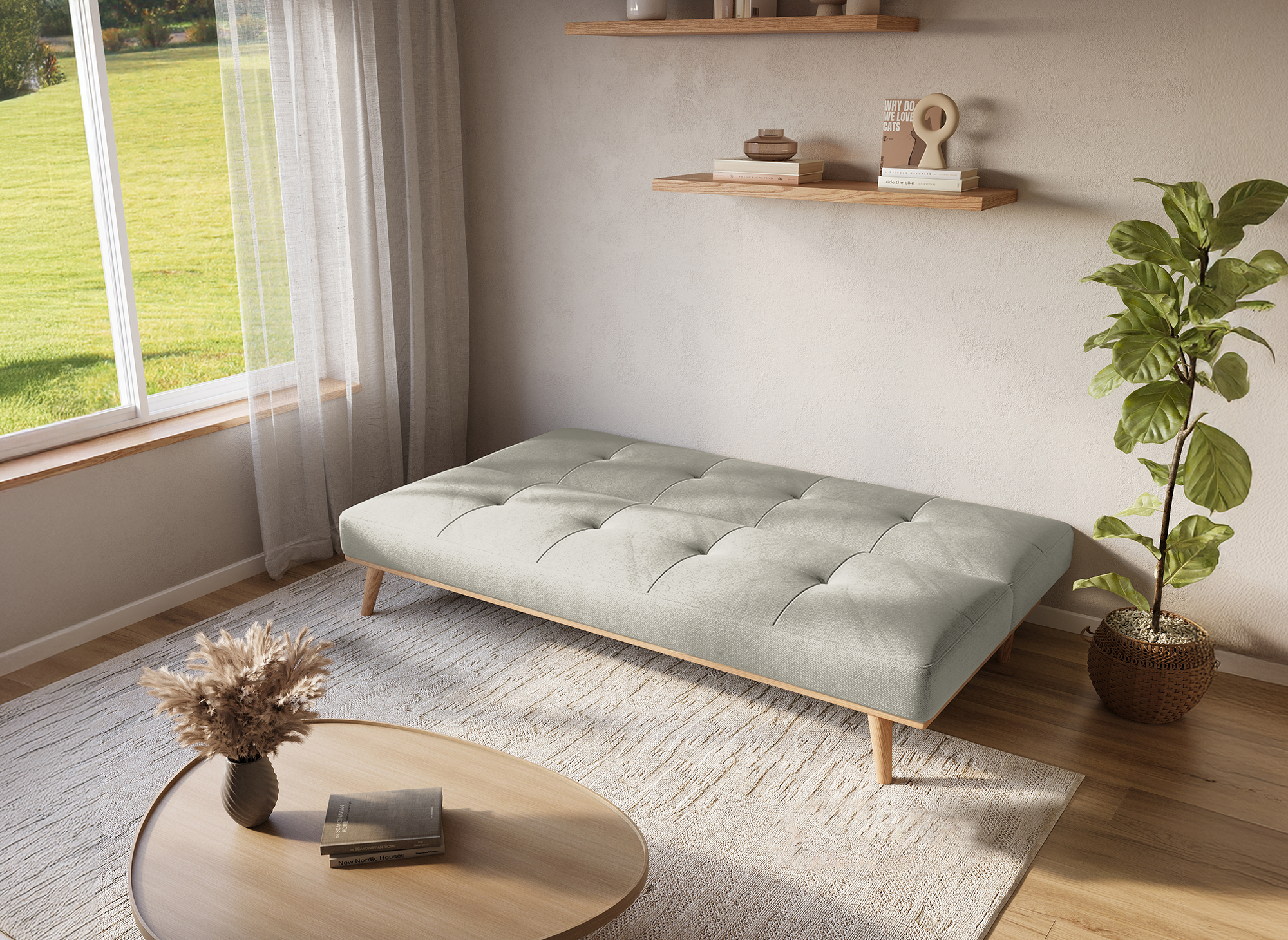 Sofá cama escandinavo de 3 plazas JESSY con mecanismo clic-clac en color beige 