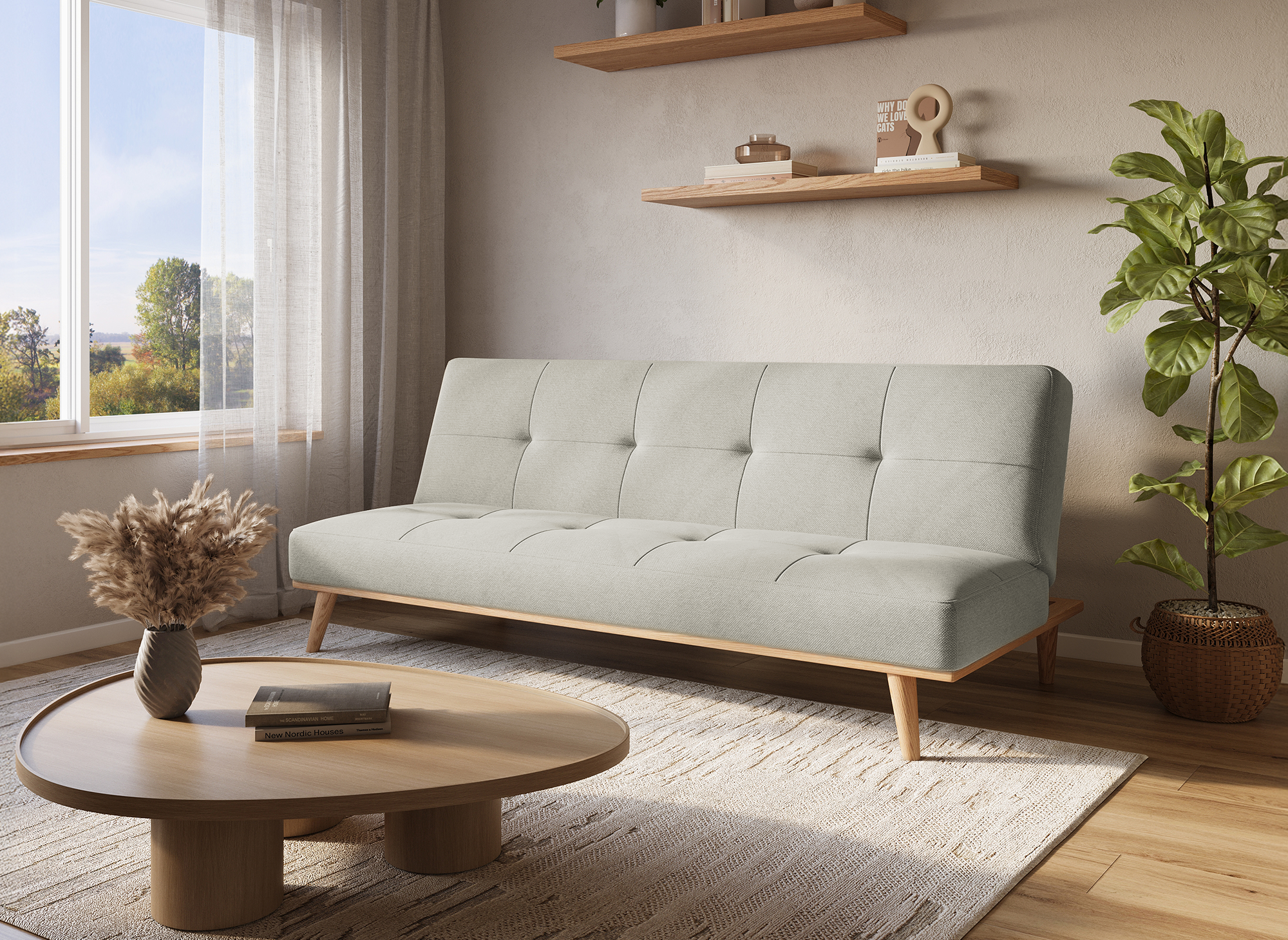 Sofá cama escandinavo de 3 plazas JESSY con mecanismo clic-clac en color beige 