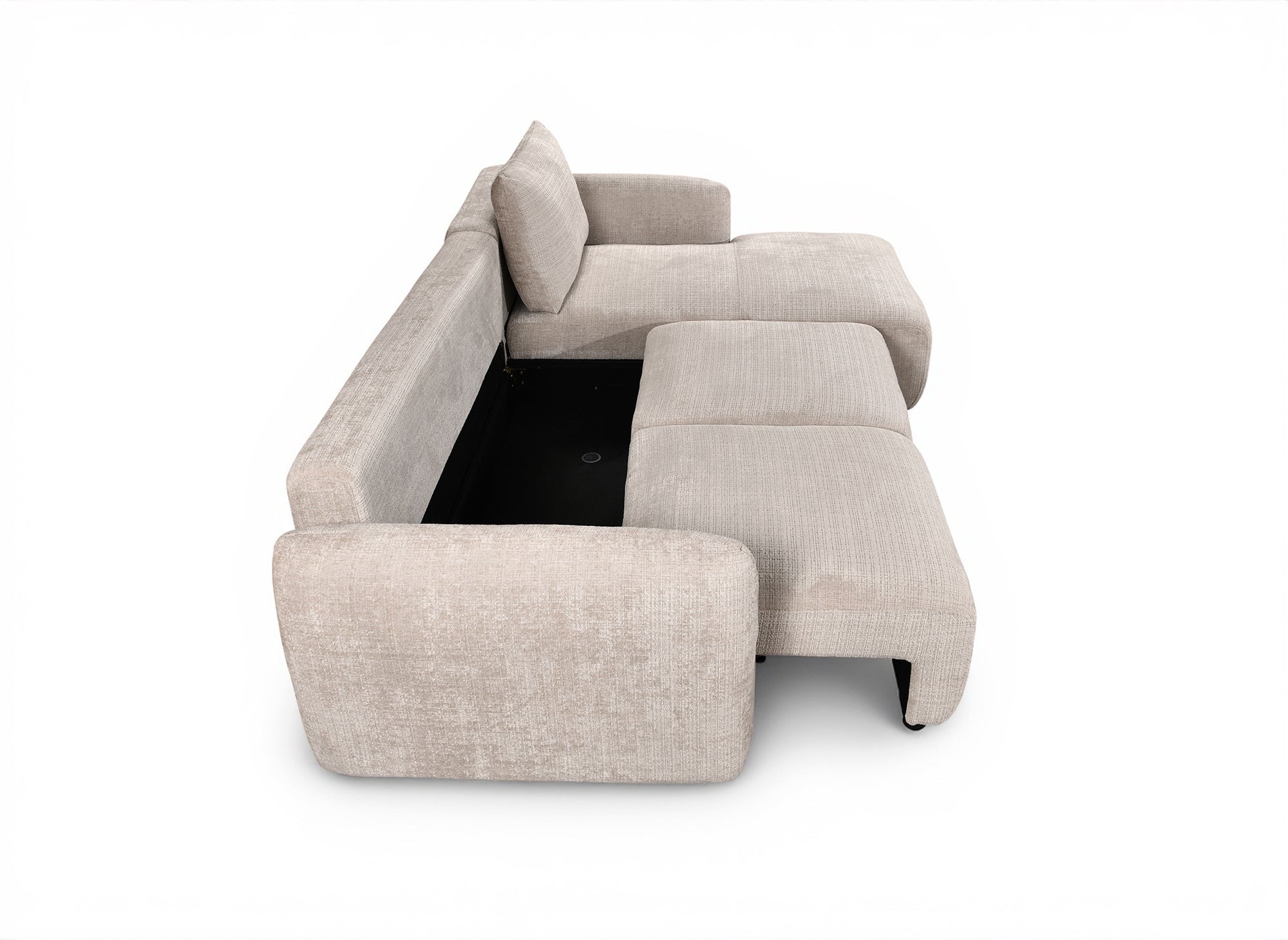 Sofá esquinero convertible MARLA con almacenaje en terciopelo beige jaspeado - Esquina derecha