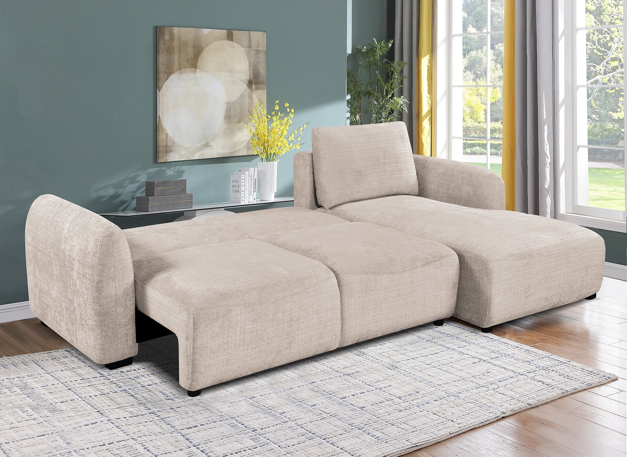 Sofá esquinero convertible MARLA con almacenaje en terciopelo beige jaspeado - Esquina derecha