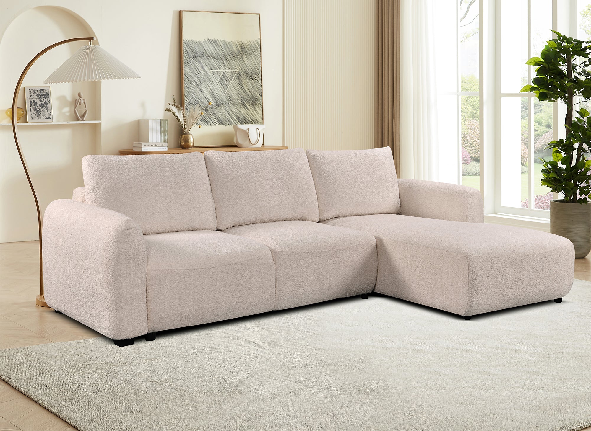 Sofá esquinero convertible MARLA con almacenaje en tela bouclé beige - Esquinero derecho