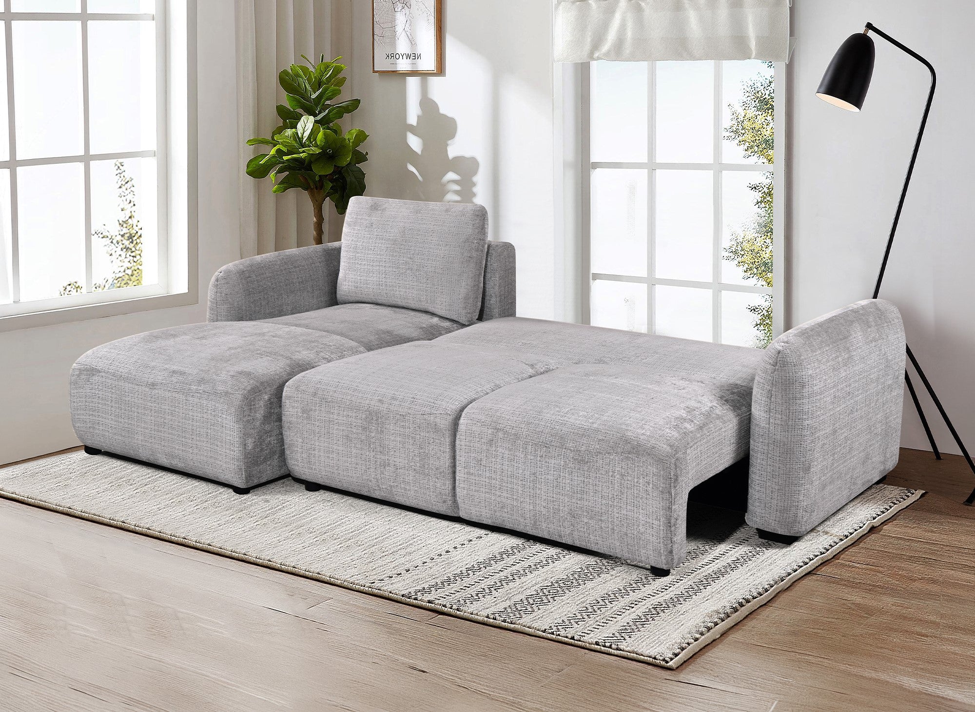 Sofá esquinero convertible MARLA con almacenaje en terciopelo gris jaspeado - Esquina izquierda