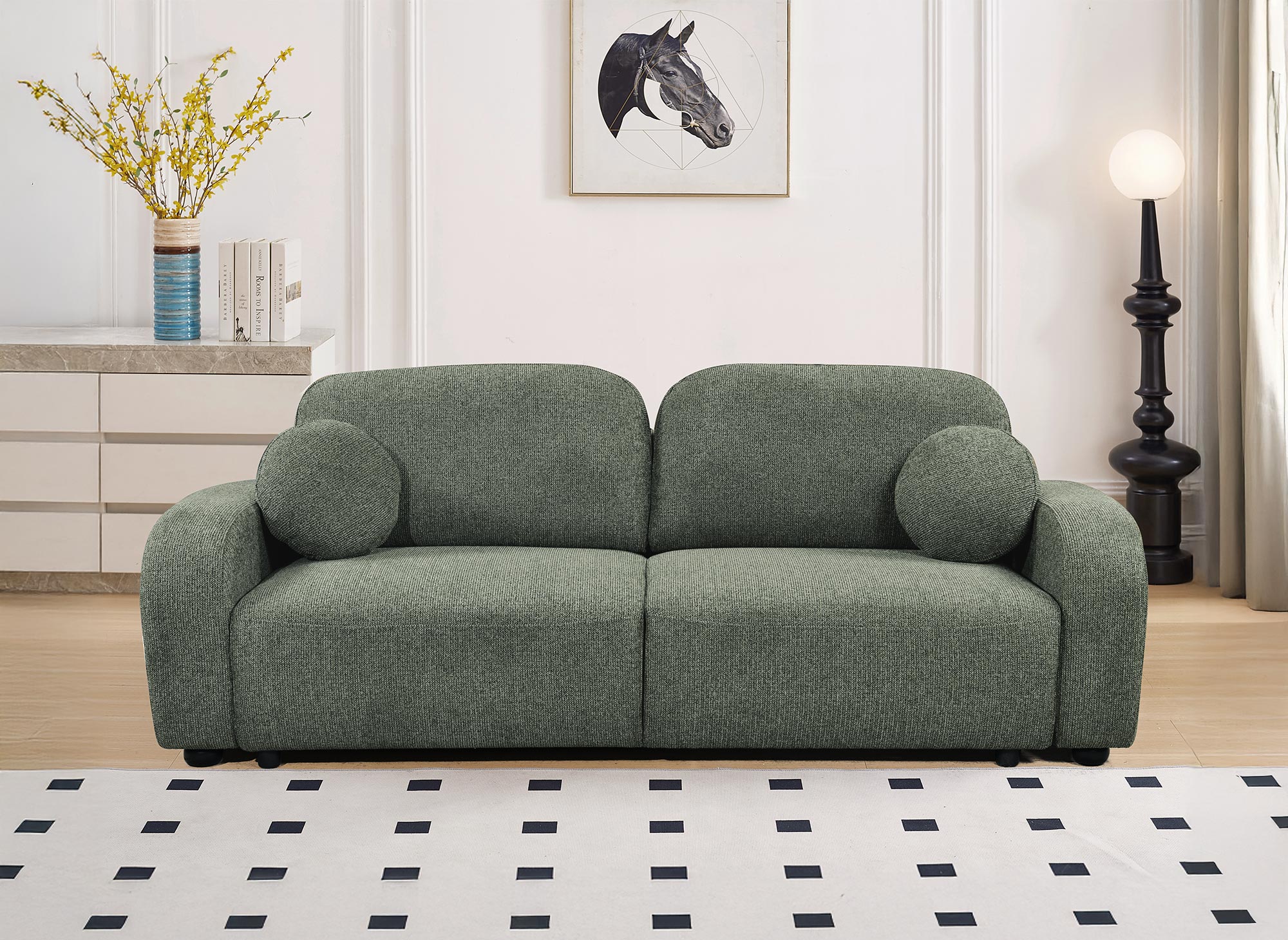 Sofá convertible de 3 plazas MAYORA en tejido bouclé verde