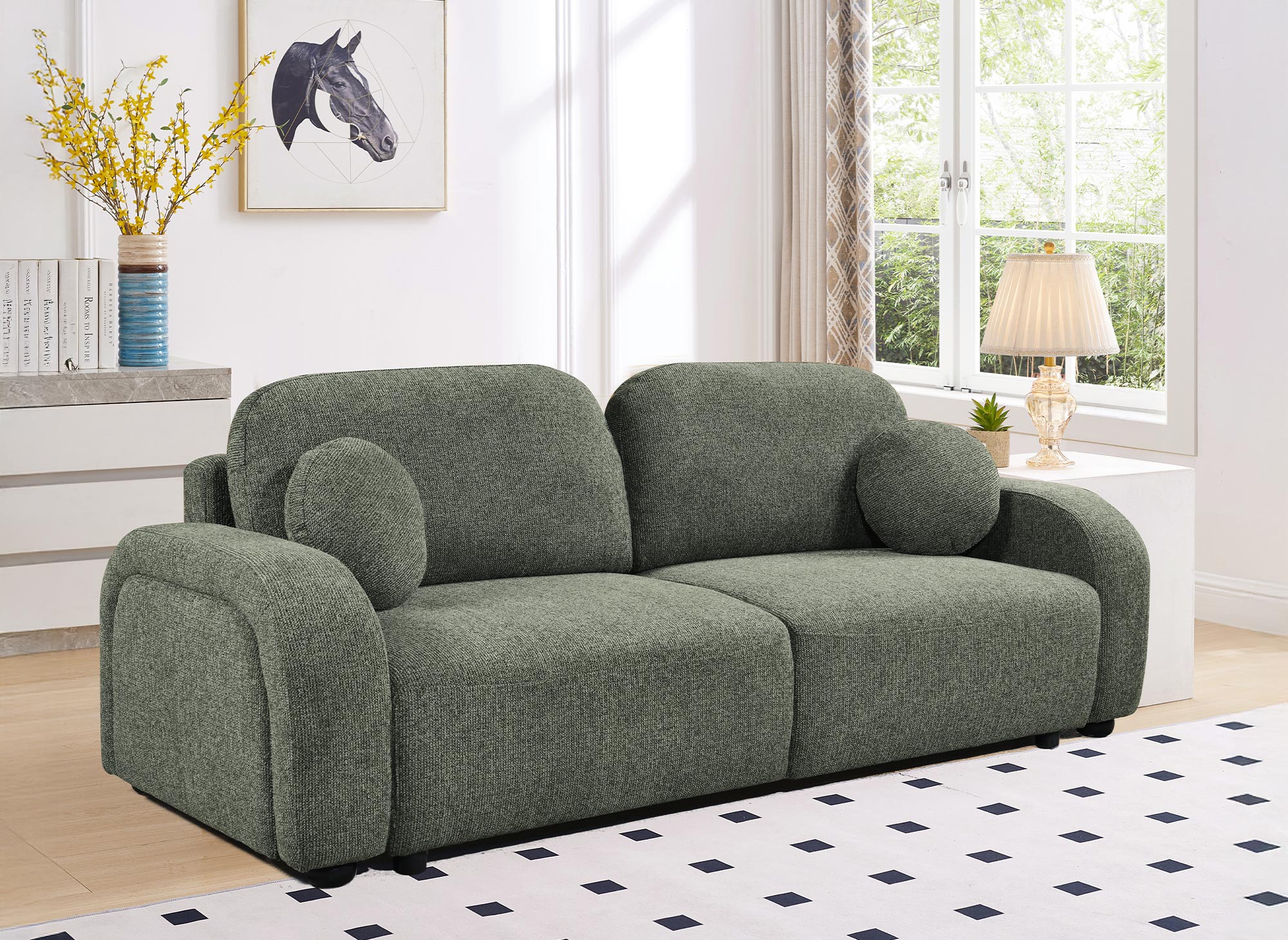 Sofá convertible de 3 plazas MAYORA en tejido bouclé verde