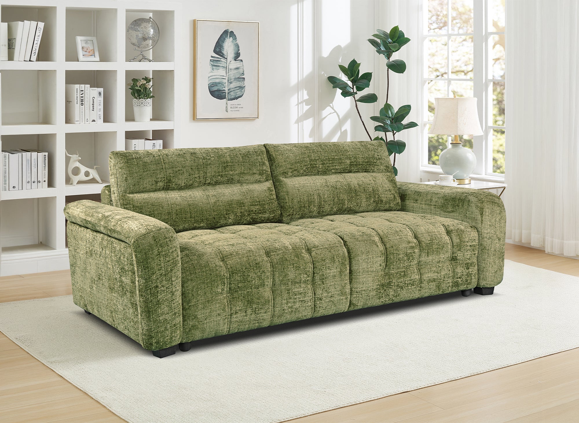 Sofá cama RALYA de 3 plazas con almacenaje en terciopelo jaspeado verde oliva