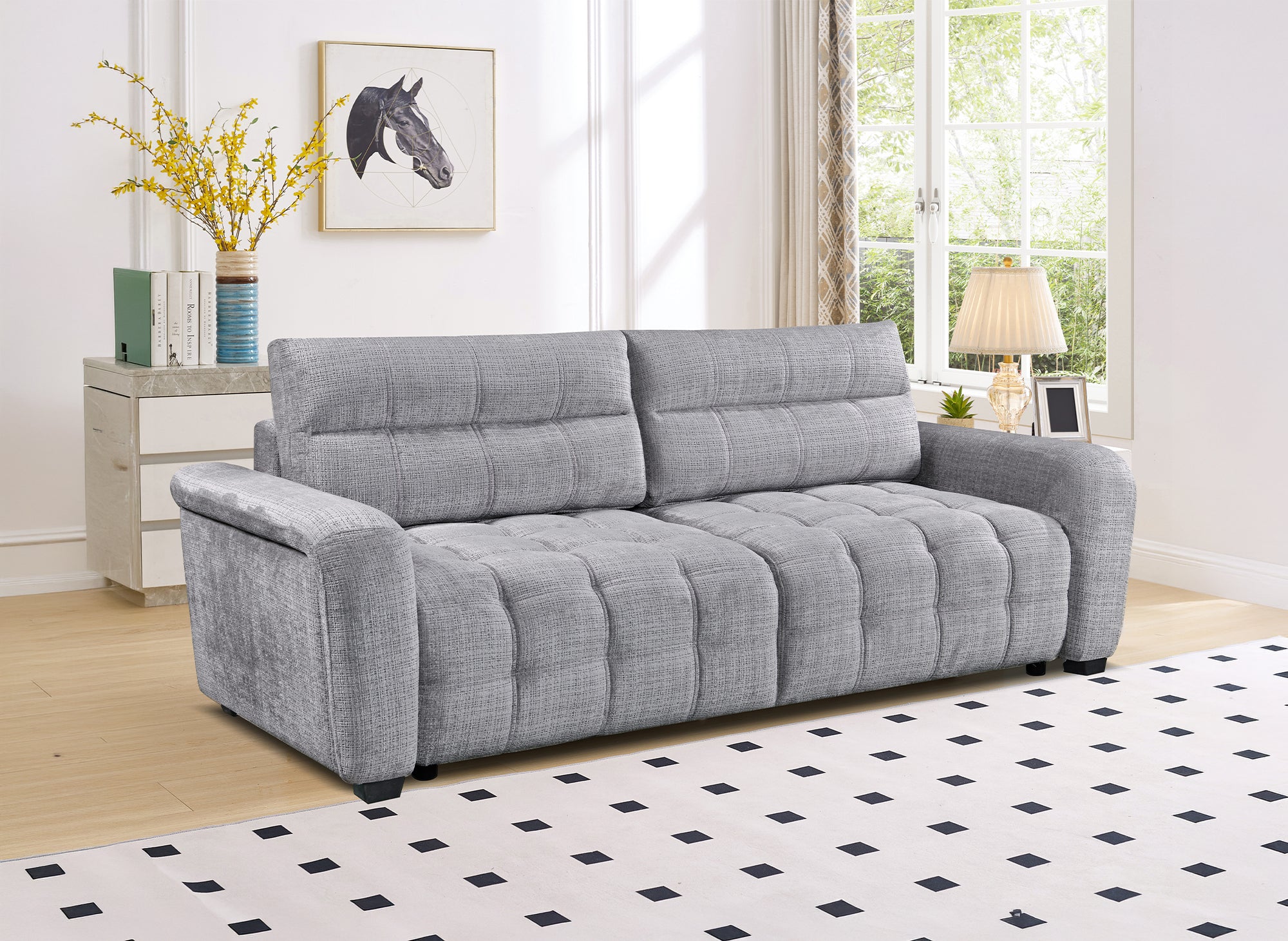 Sofá cama de 3 plazas RALYA con almacenaje en terciopelo gris jaspeado