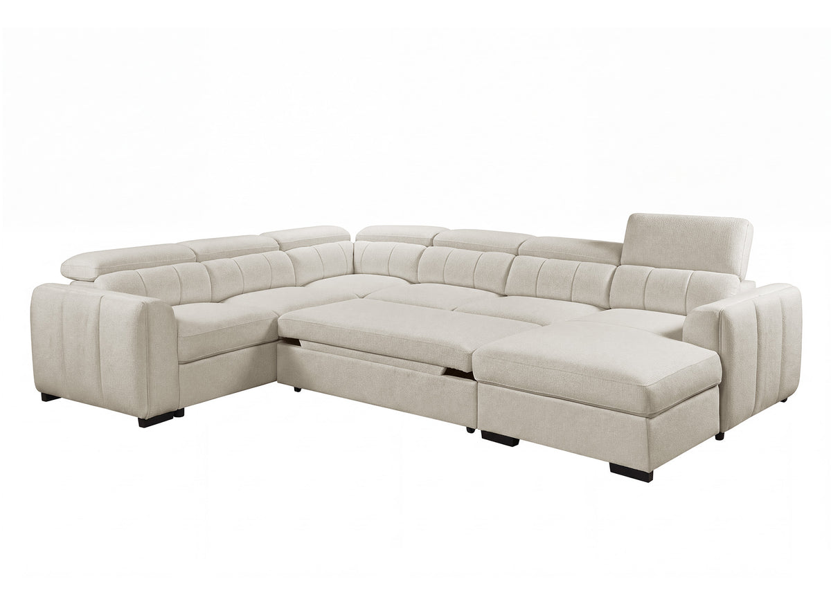 Sofá panorámico convertible con cómoda en tejido de rizo beige NAJAH - Ángulo recto