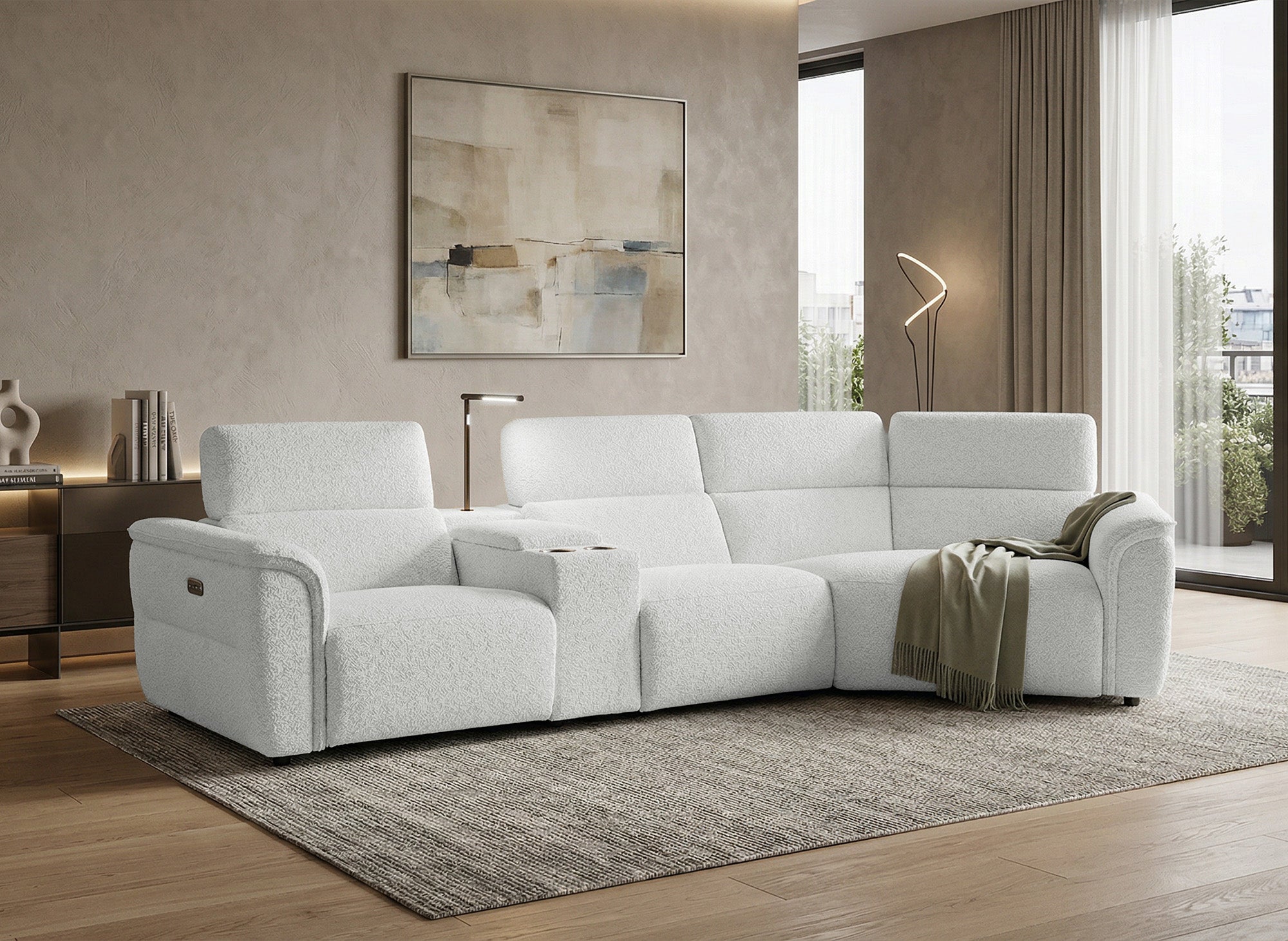 Sofá esquinero reclinable MARINA en suave tela bouclé beige - Esquinero derecho