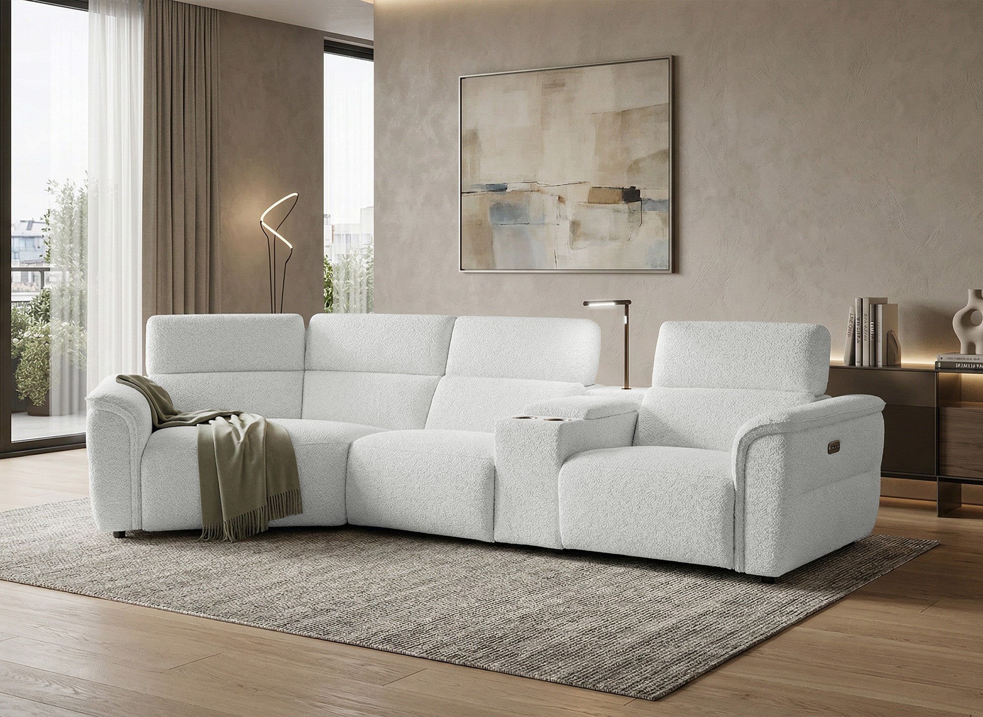 Sofá esquinero reclinable MARINA en suave tela bouclé beige - Esquina izquierda