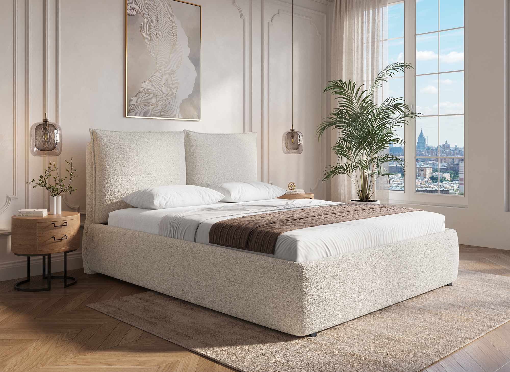 Cama con almacenaje MELY de tela bouclé beige, 180x200 cm