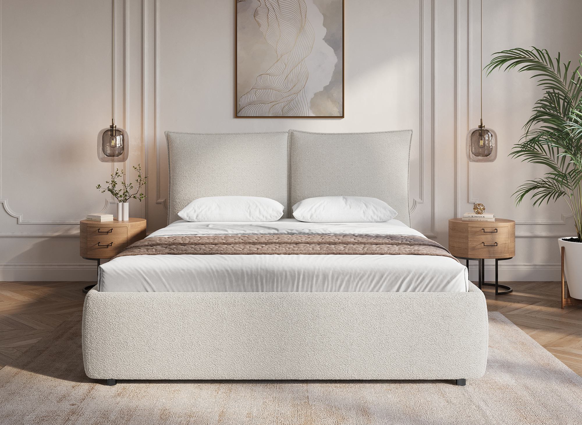 Cama con almacenaje MELY tapizada en bouclé beige de 140x190 cm