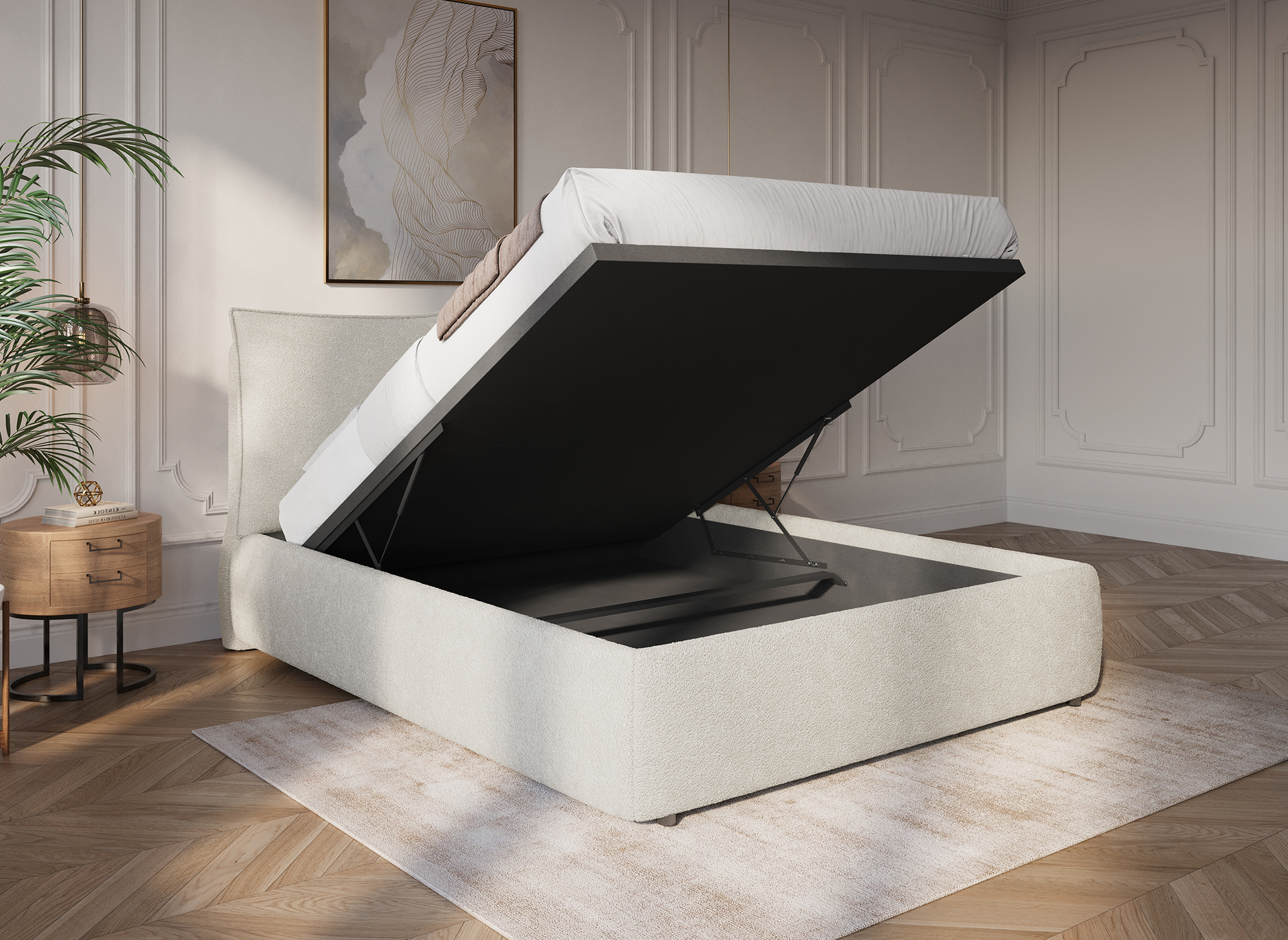 Cama con almacenaje MELY tapizada en bouclé beige de 140x190 cm