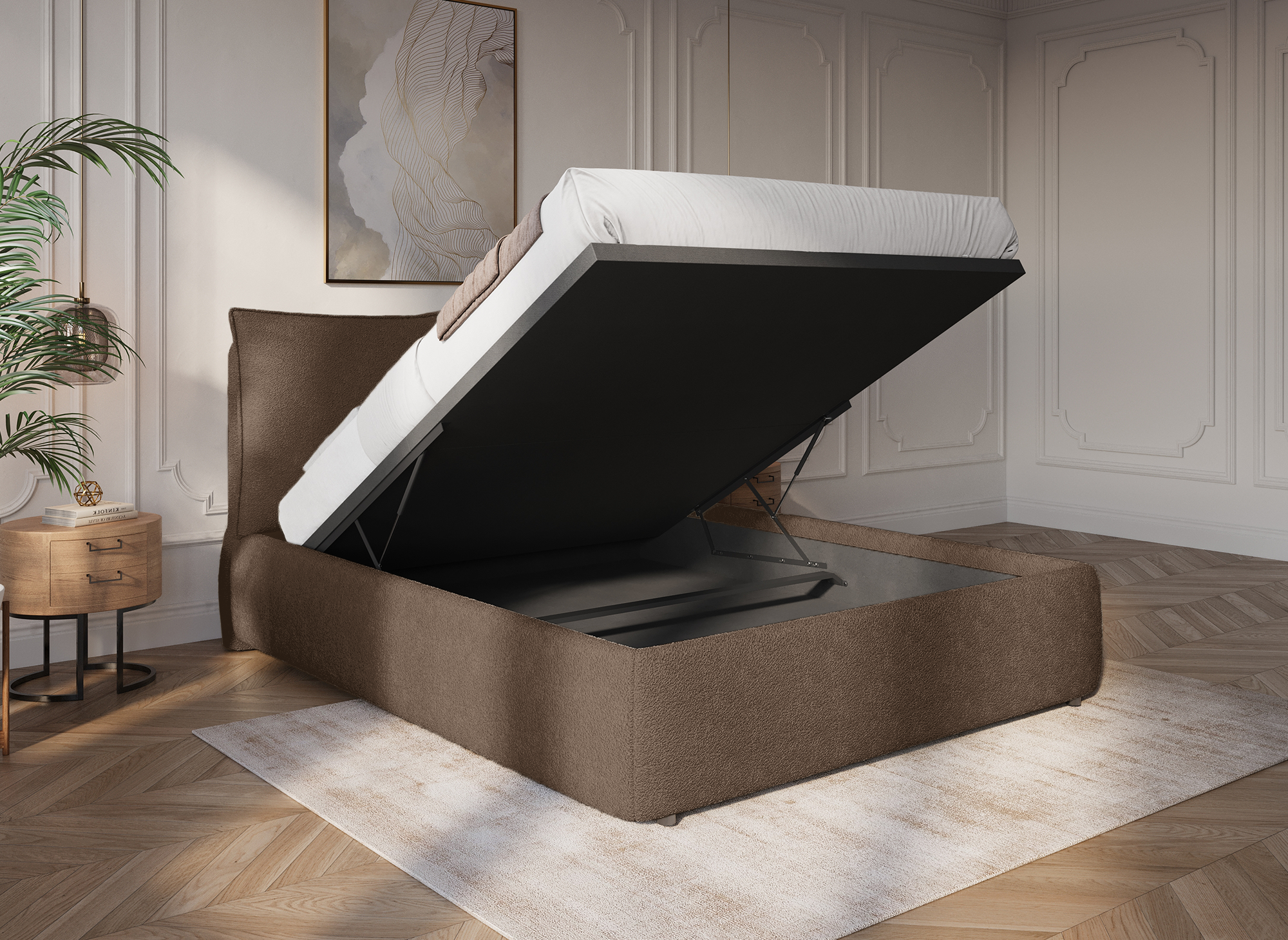 Cama con almacenaje MELY tapizada en bouclé marrón, 140x190 cm