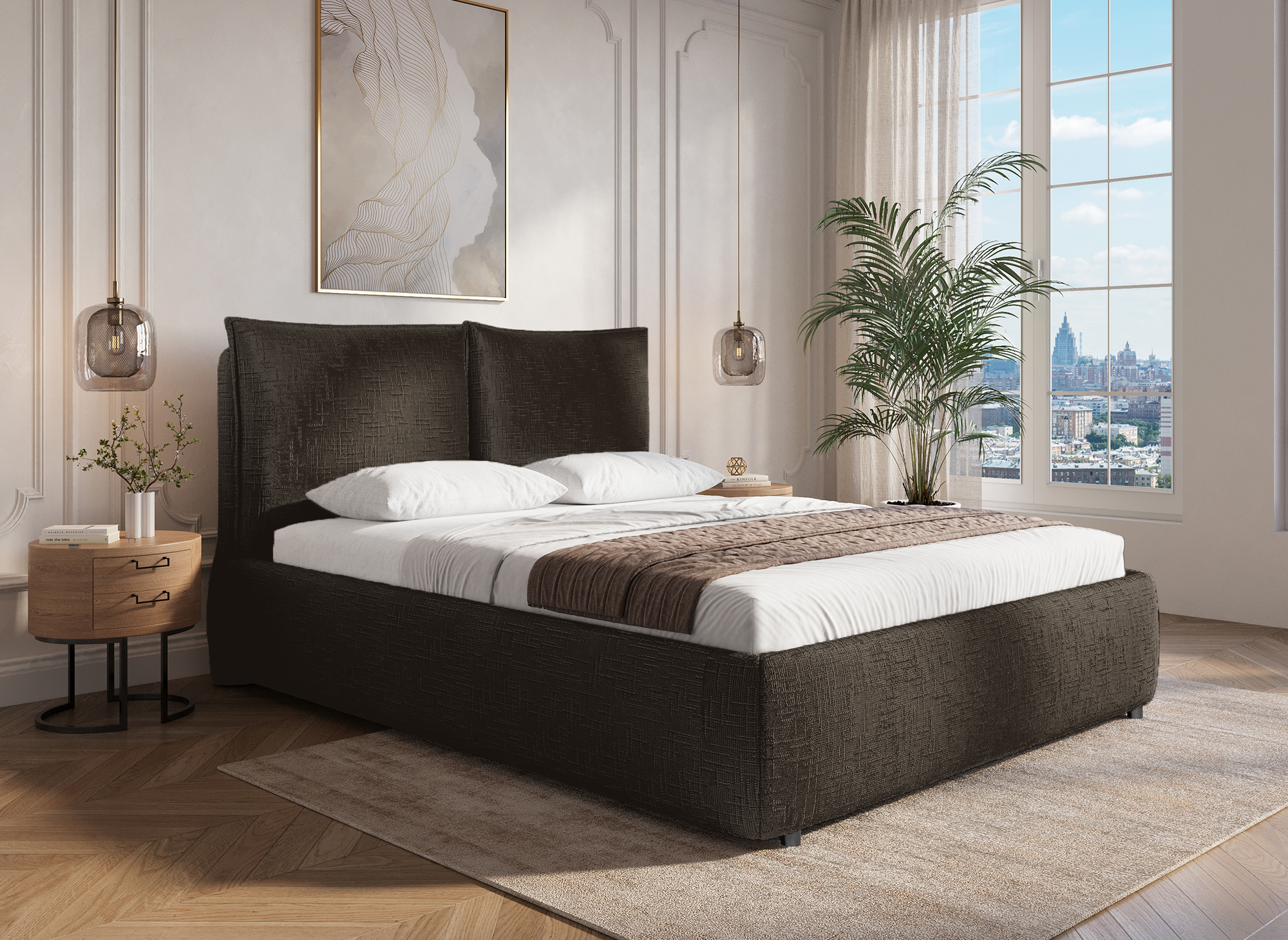 Cama con almacenaje MELY de terciopelo marrón jaspeado, 140x190 cm