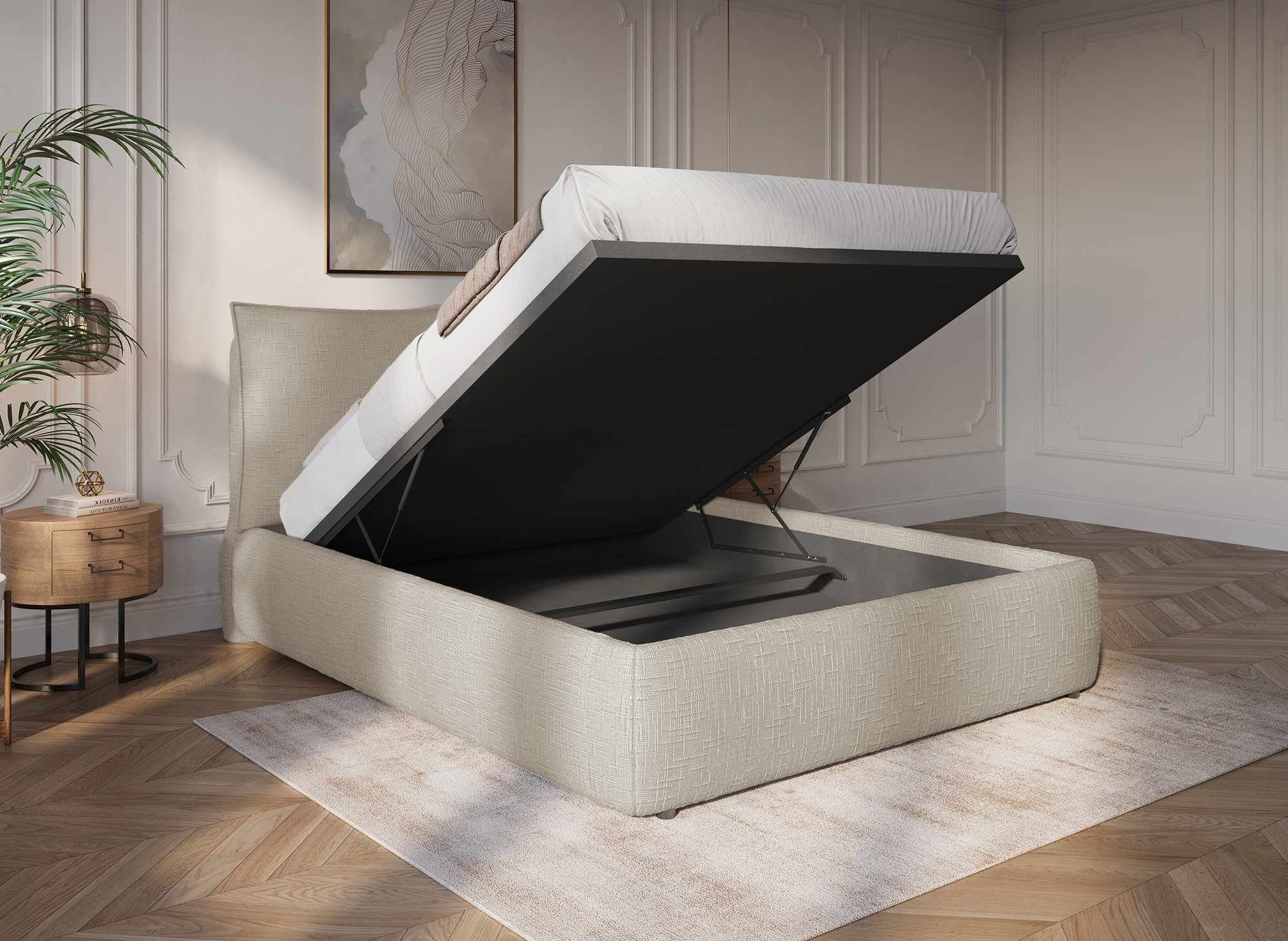 Cama con almacenaje MELY de terciopelo jaspeado color topo, 140 x 190 cm