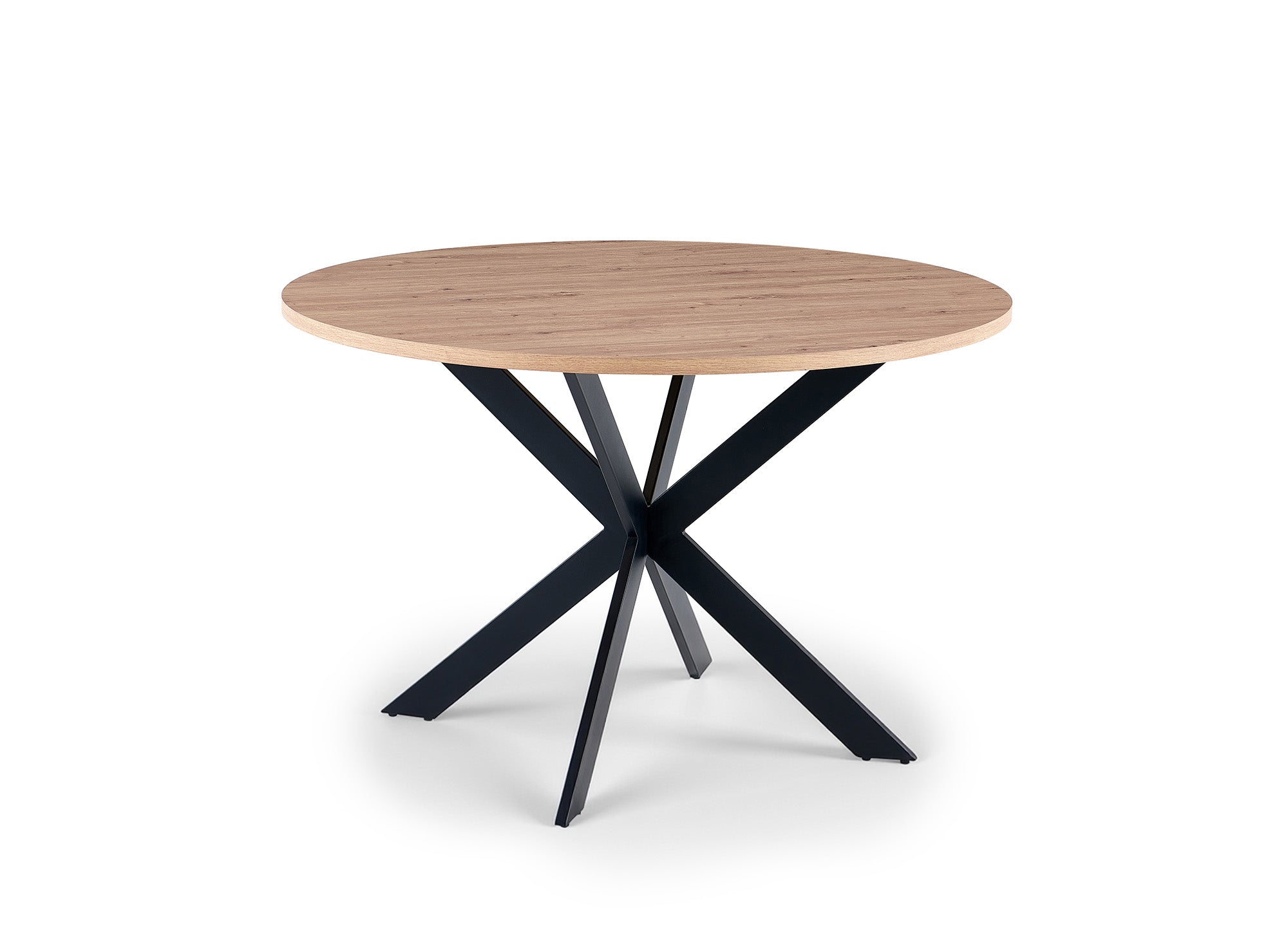 Mesa de comedor redonda SINAYA con tablero efecto madera y patas de metal negro.