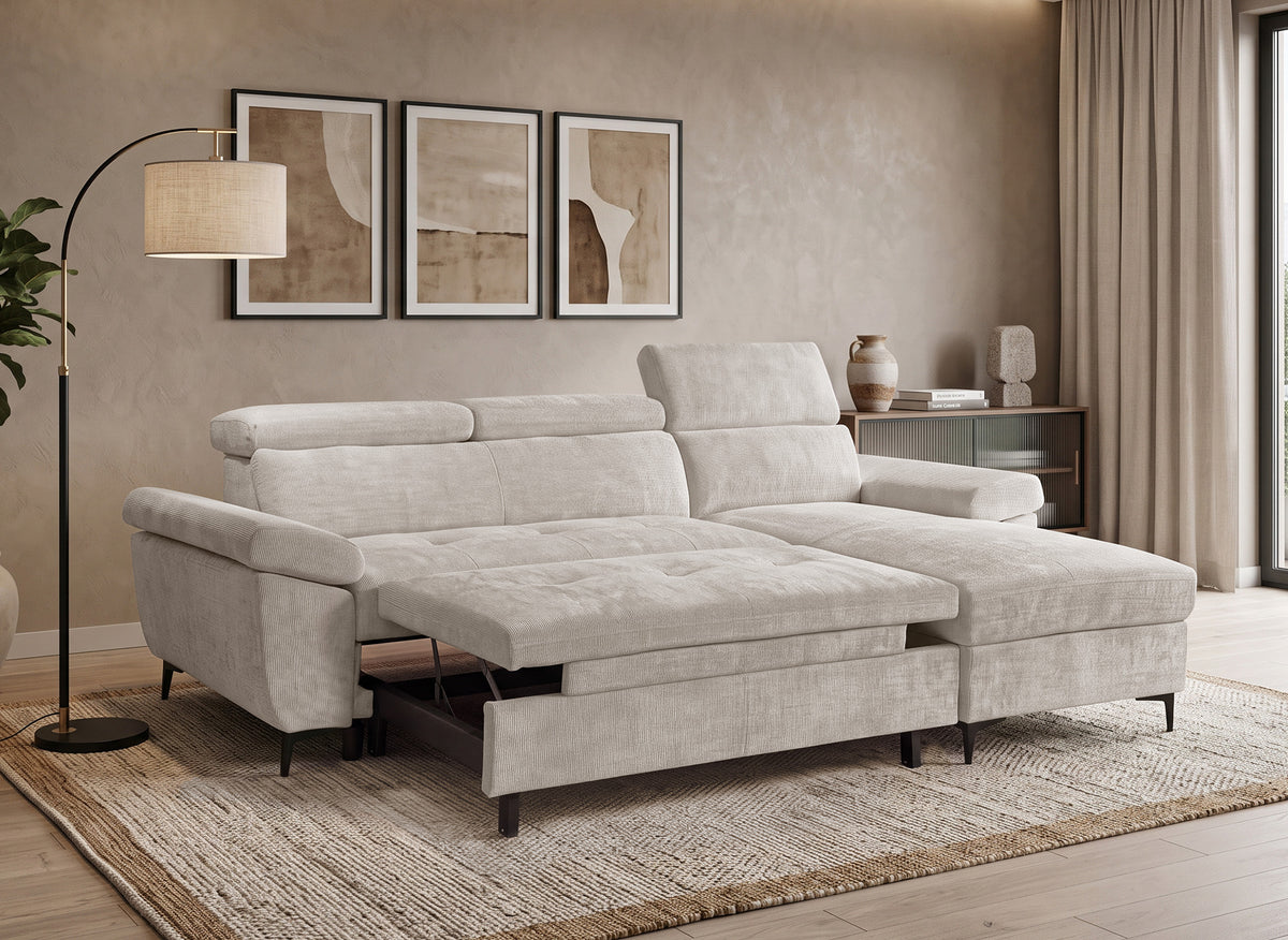 Sofá esquinero convertible en terciopelo jaspeado beige MONICA - Ángulo recto