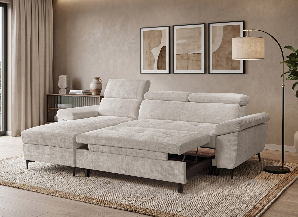 Canapé d'angle convertible en velours chiné beige MONICA - Angle gauche