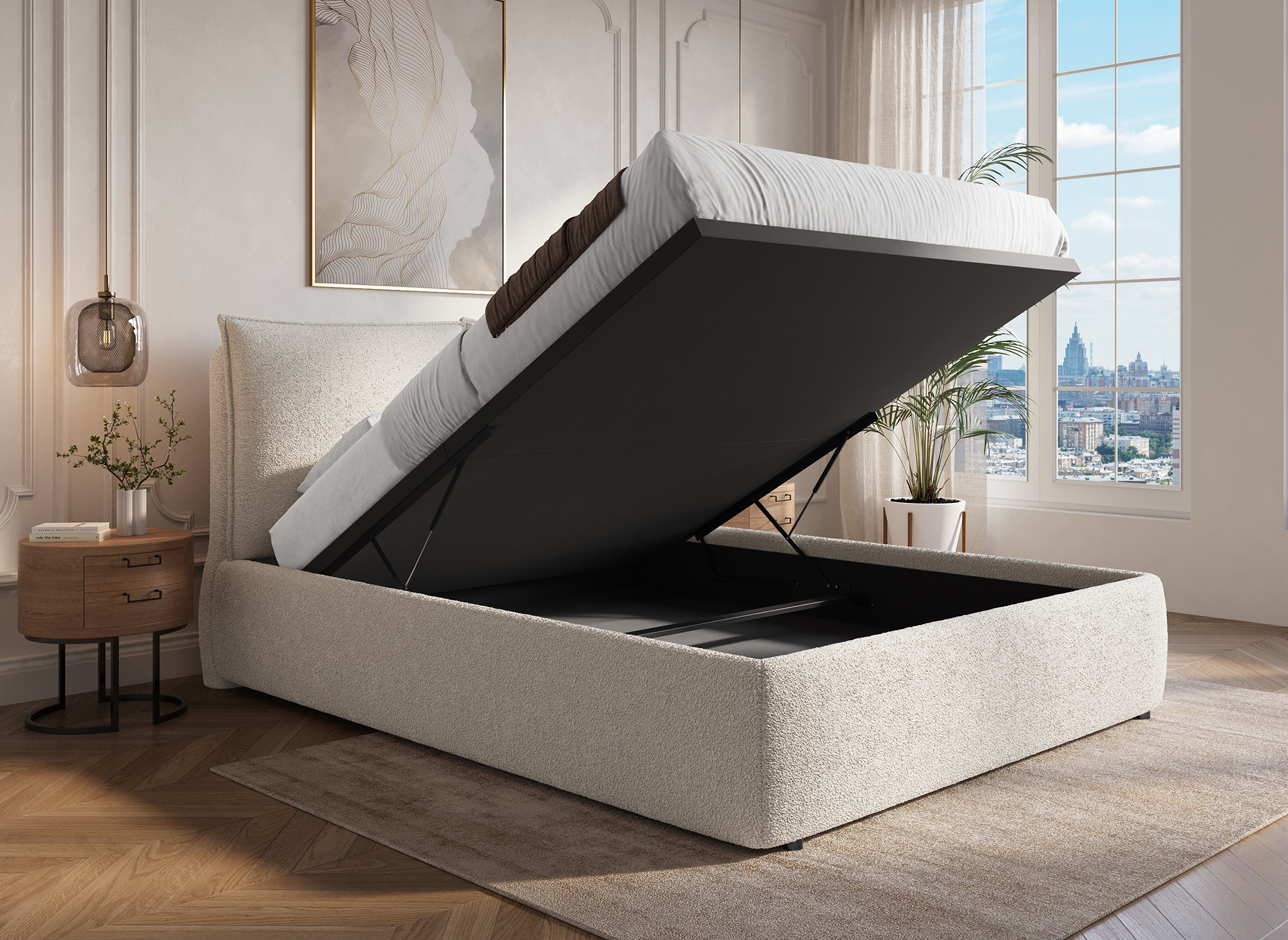 MELY Cama contenedor de tela bouclé beige 160x200 cm