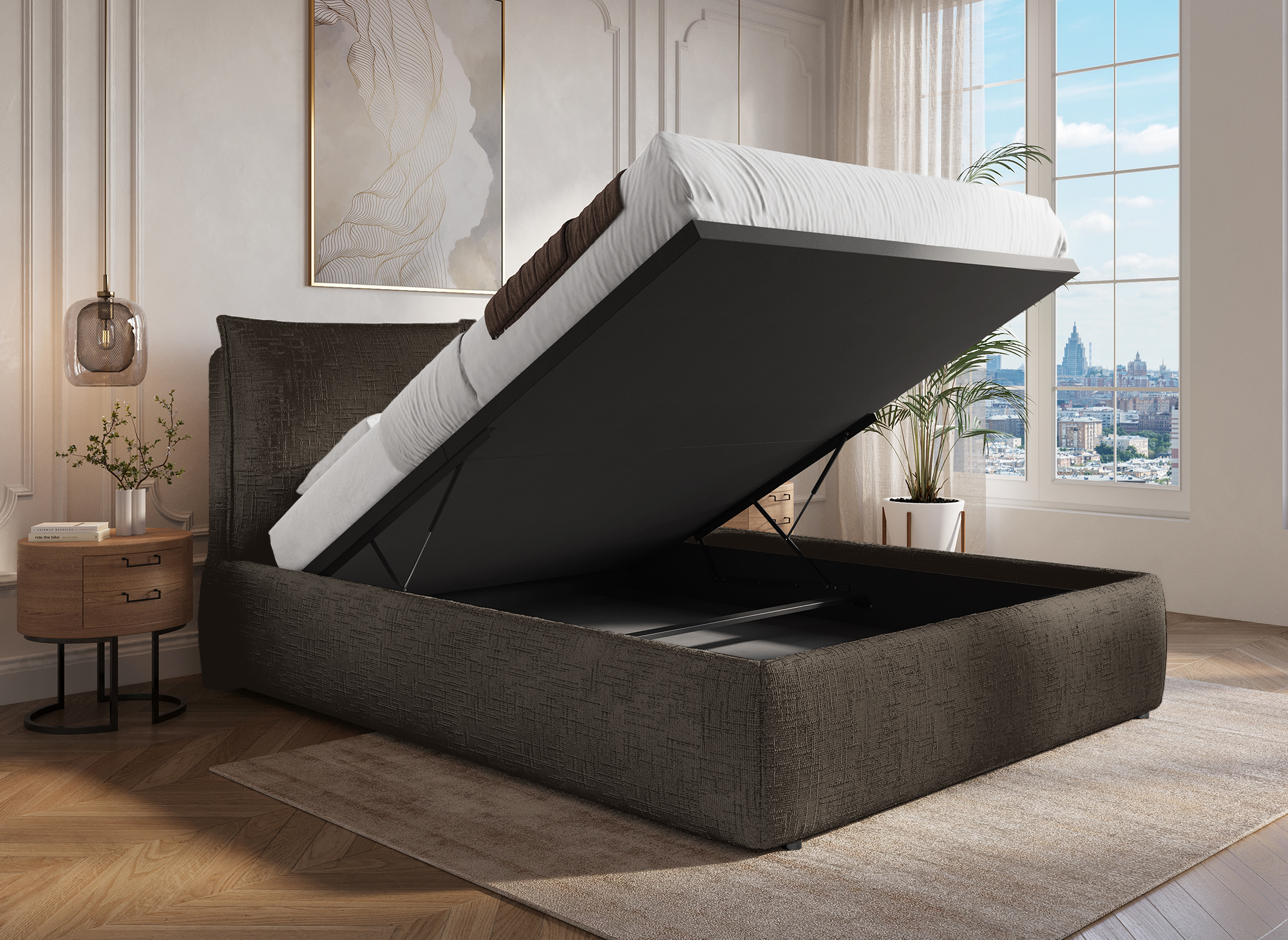 Cama con almacenaje MELY de terciopelo marrón jaspeado, 140x190 cm