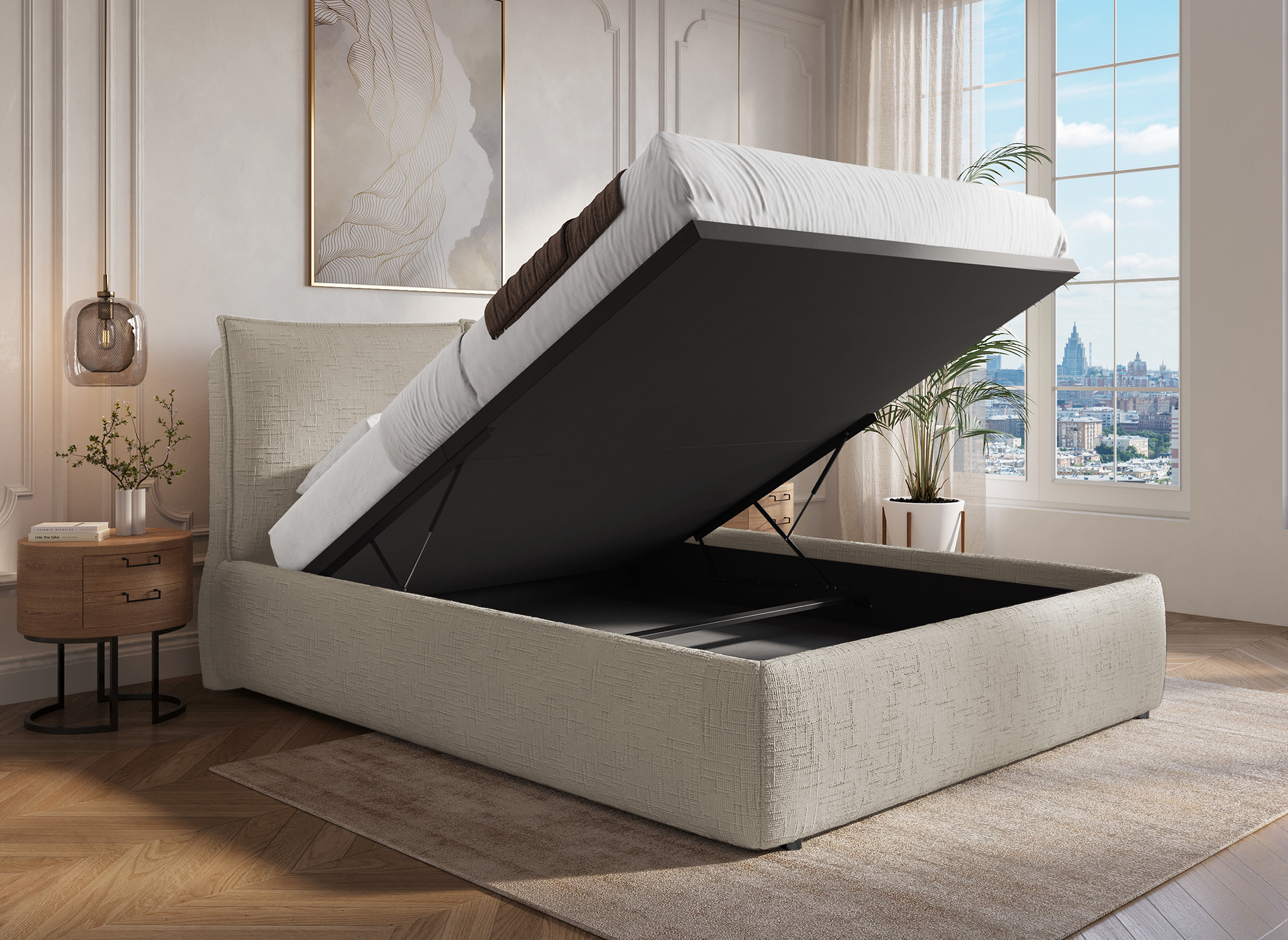 Cama con almacenaje MELY de terciopelo jaspeado color topo, 160x200 cm