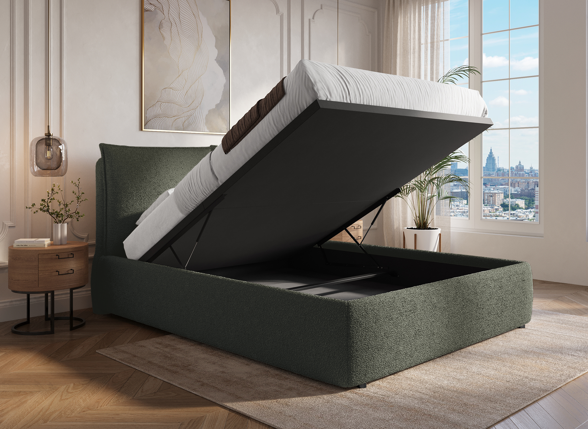 Cama con almacenaje MELY de tela bouclé verde oliva, 160x200 cm