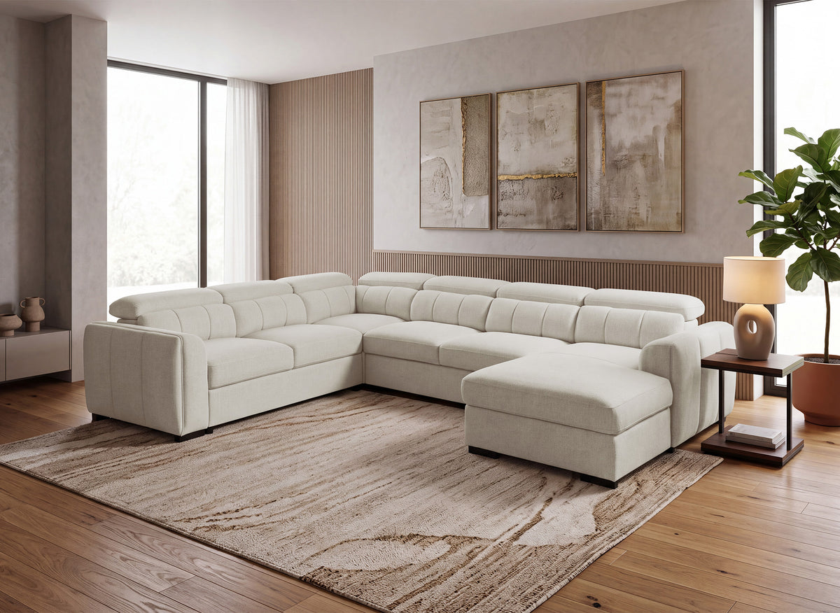Sofá panorámico convertible con cómoda en tejido de rizo beige NAJAH - Ángulo recto