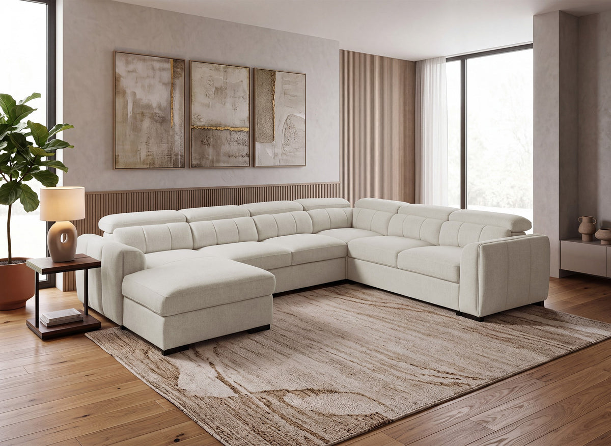 Sofá panorámico convertible con cómoda en tejido rizo beige NAJAH - Esquina izquierda