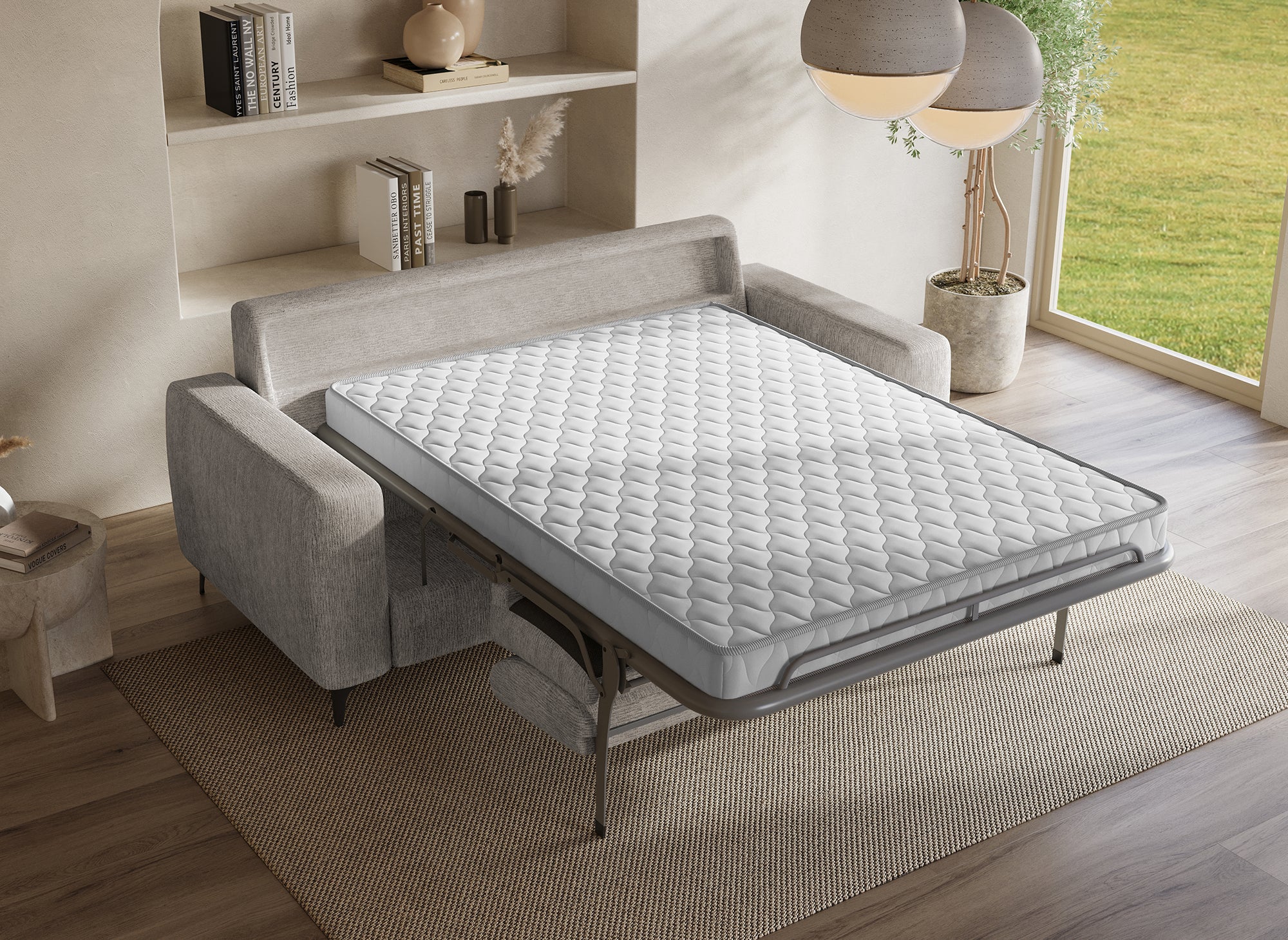 Sofá convertible exprés de 3 plazas NONA en terciopelo jaspeado beige