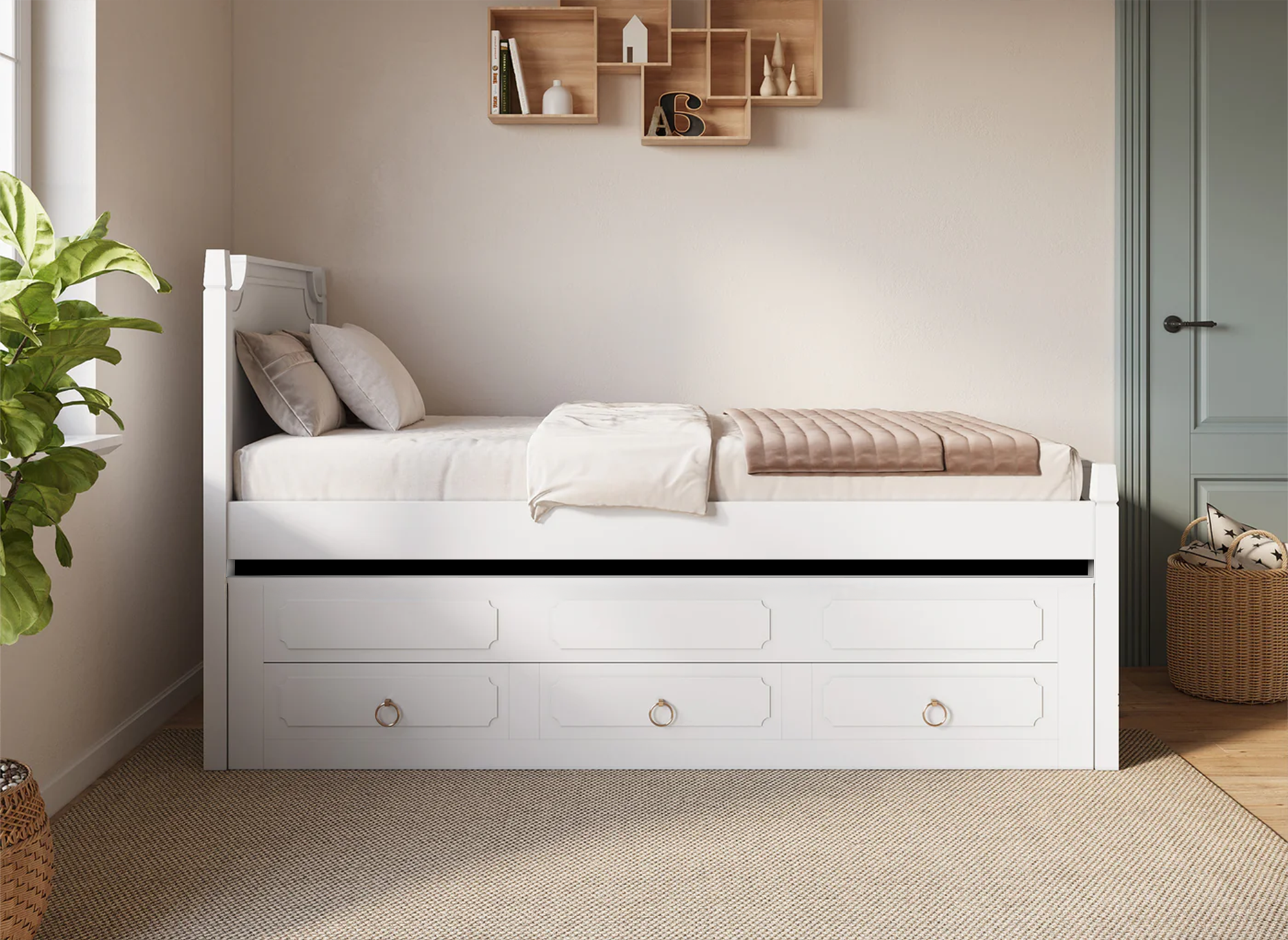 Cama nido PAULINE con cajones en madera blanca, 90 x 190 cm