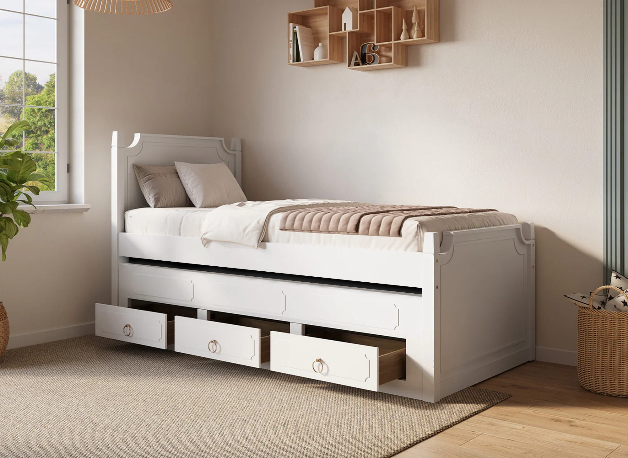 Cama nido PAULINE con cajones en madera blanca, 90 x 190 cm