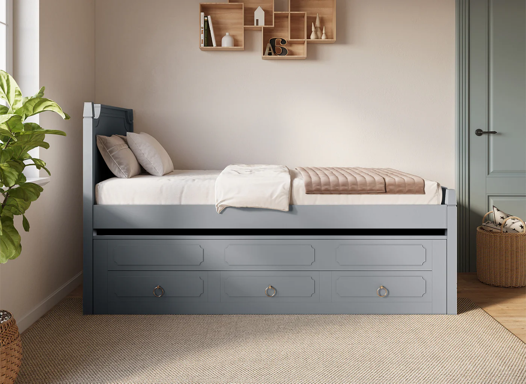 Cama nido PAULINE con cajones en madera gris, 90 x 190 cm