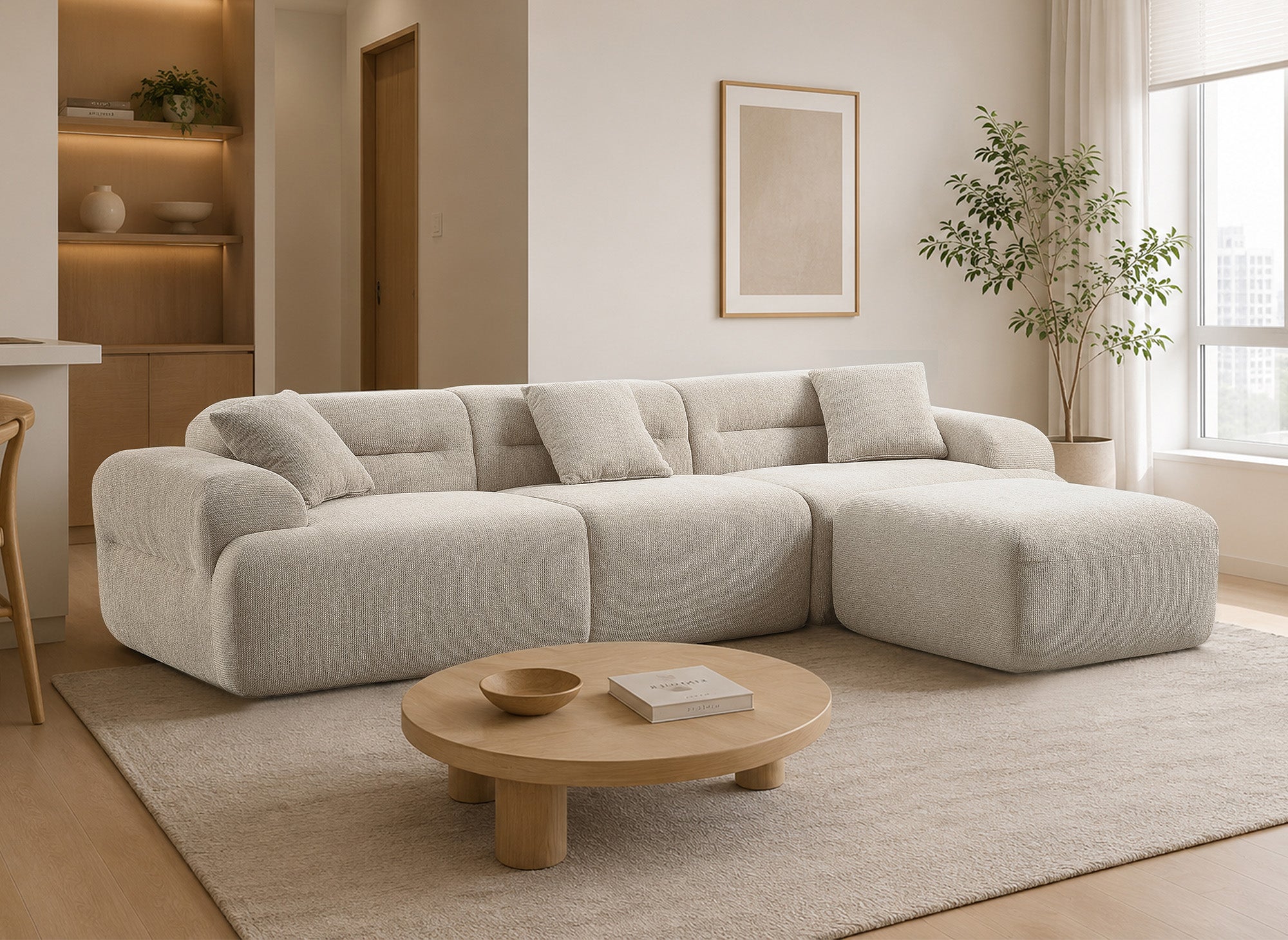 Sofá 3 plazas + puf en tejido texturado beige SAKURA