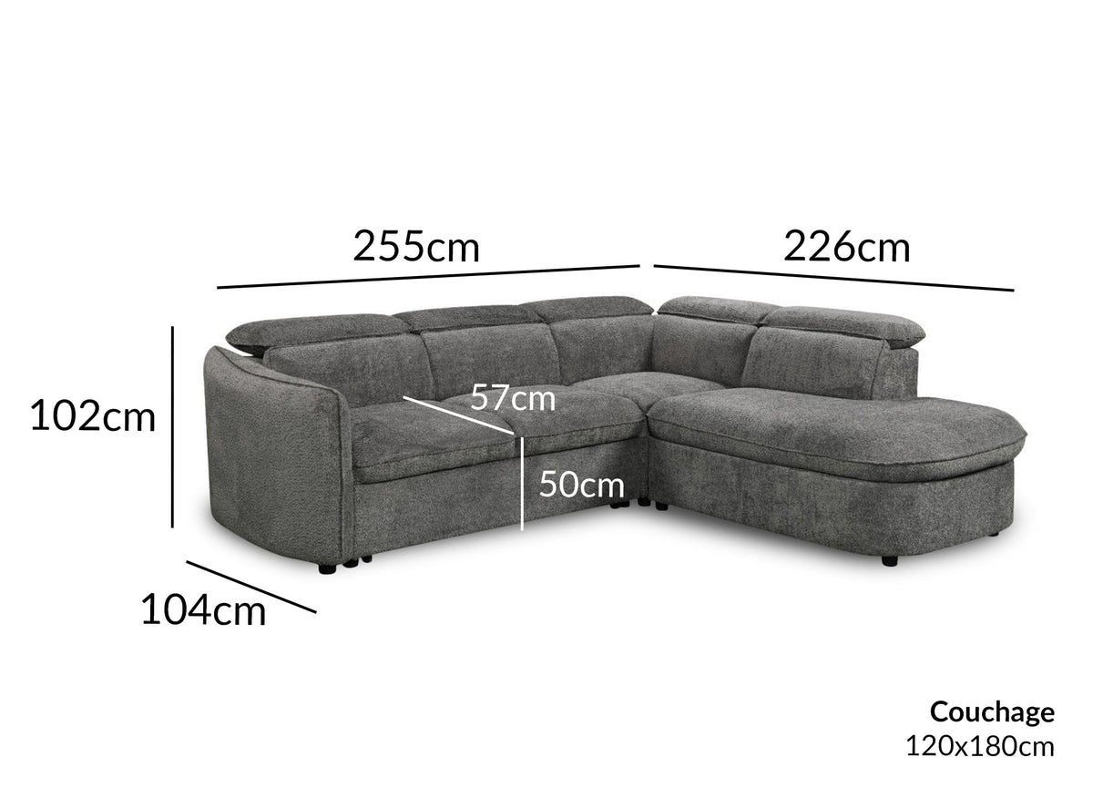 Canapé d'angle convertible avec coffre en tissu bouclette gris BAYA - Angle droit